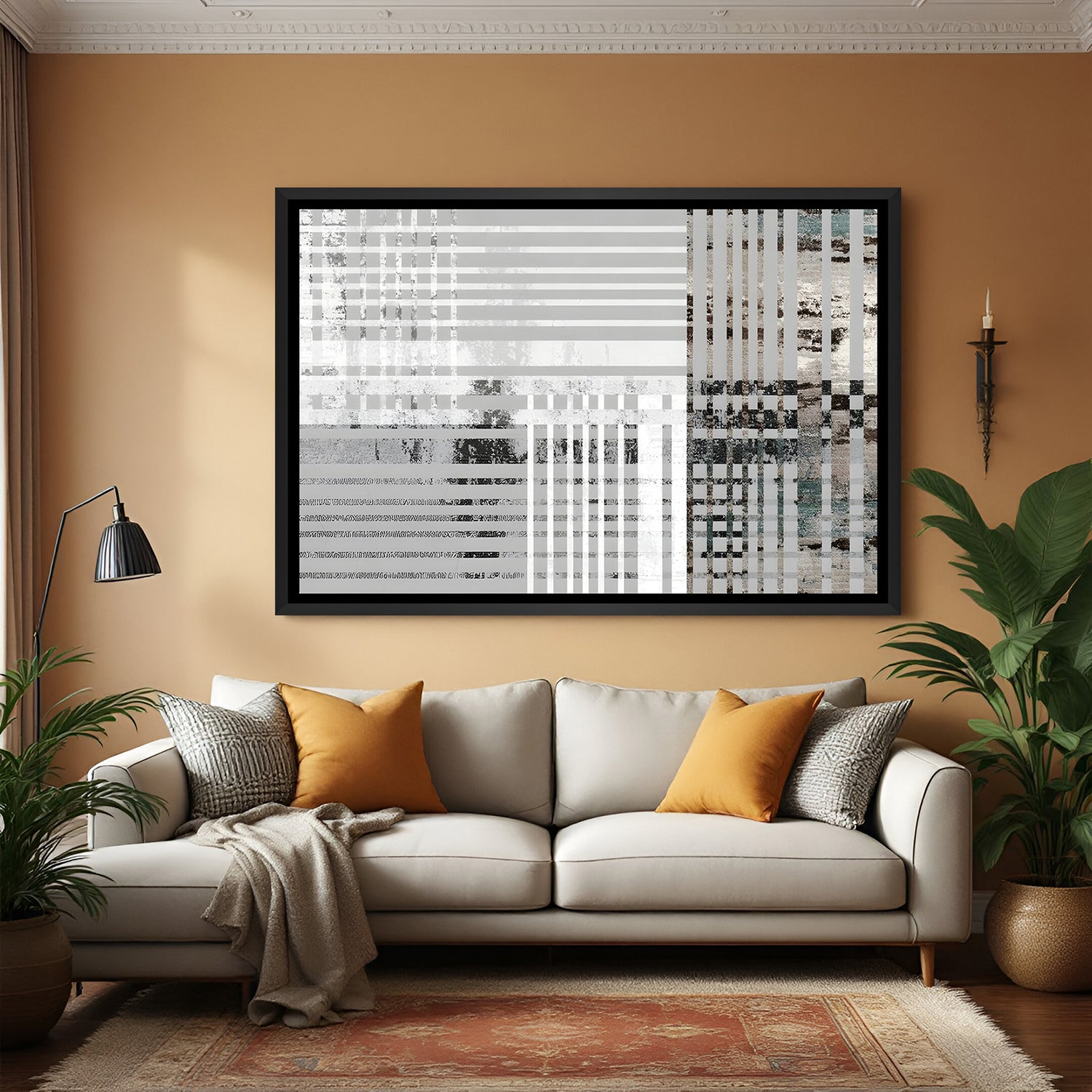 Modern abstract geometric line painting in black frame for minimalist interiors