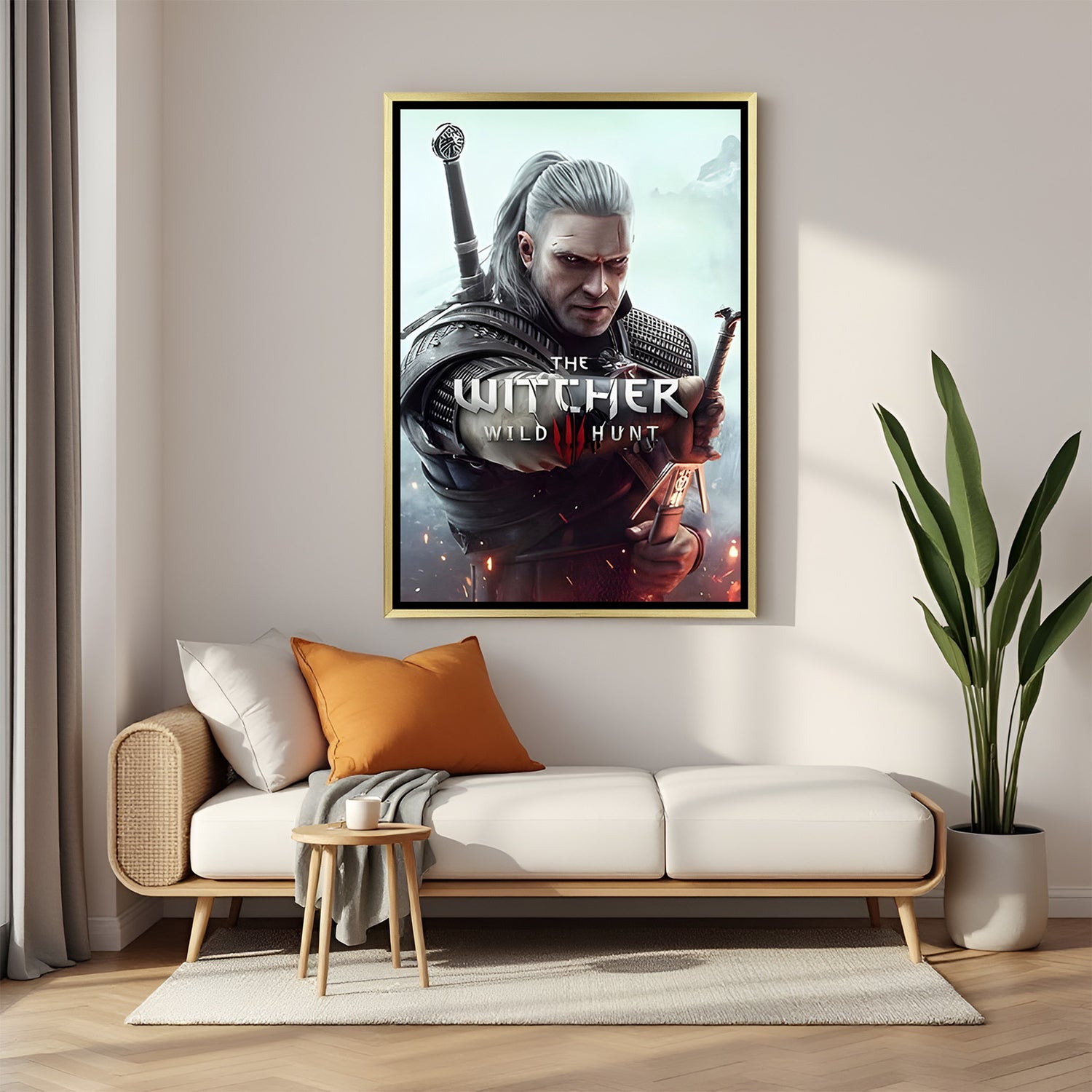 Geralt Hunter of Legends artwork in luxury golden floater frame featuring legendary monster hunter fantasy design