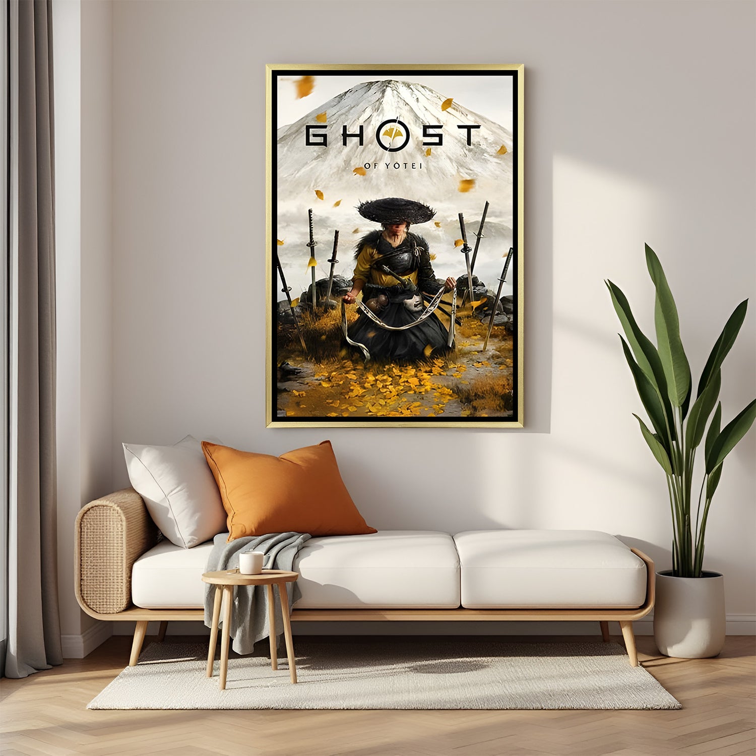 Ghost of Yōtei Winds of Destiny artwork in luxury golden floater frame featuring epic warrior landscape design