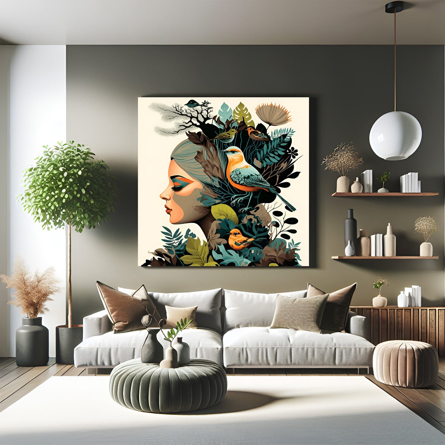 Modern canvas art showing a girl with a bird perched on her hair—symbolic artwork of human-animal connection and compassion in a soft painted style