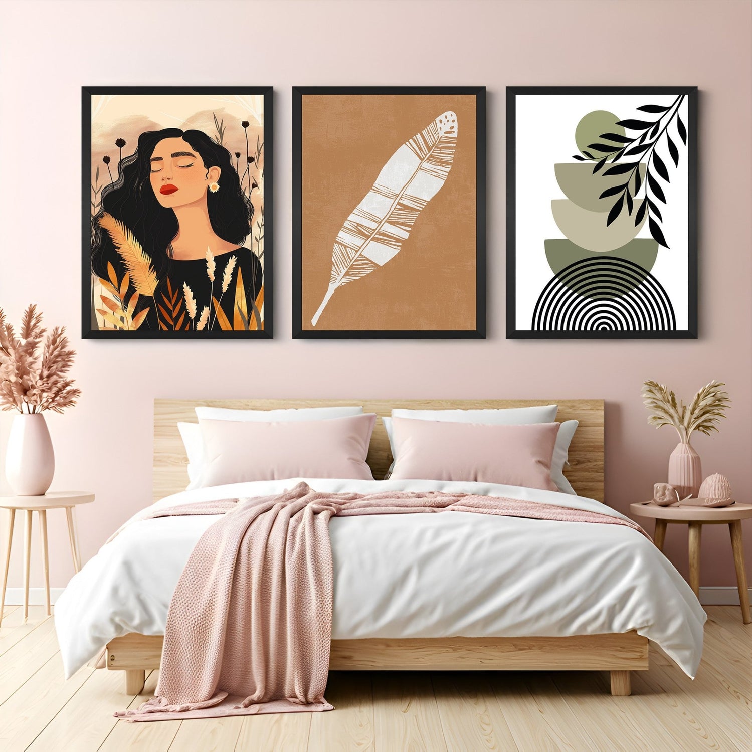 Canvas wall art set of 3 with boho girl design, botanical print, and green color palette – for serene and modern bohemian decor