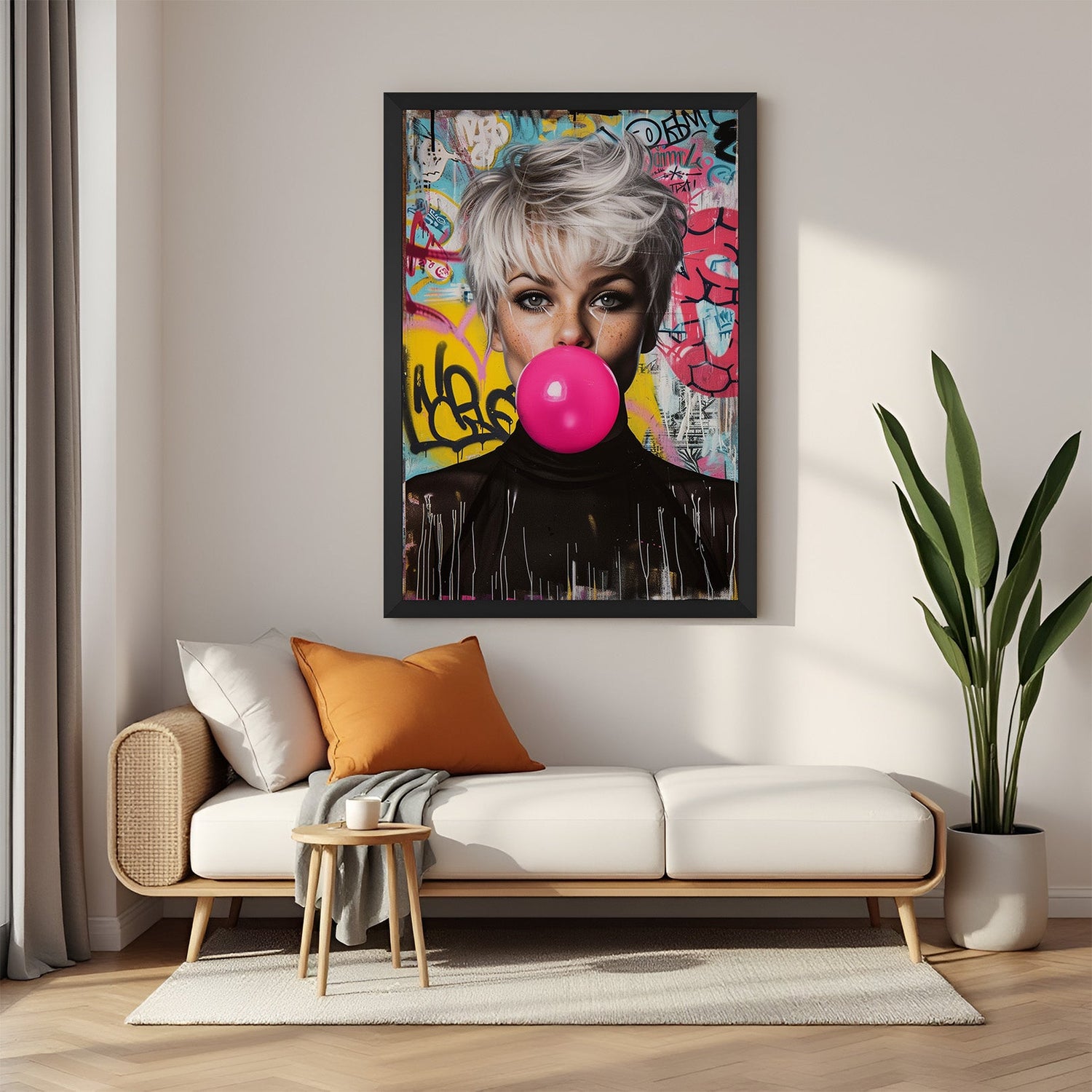 Framed canvas art of girl with bubblegum in black floater frame, showcasing fashionable modern art for teen rooms, vanity corners, or cool office setups