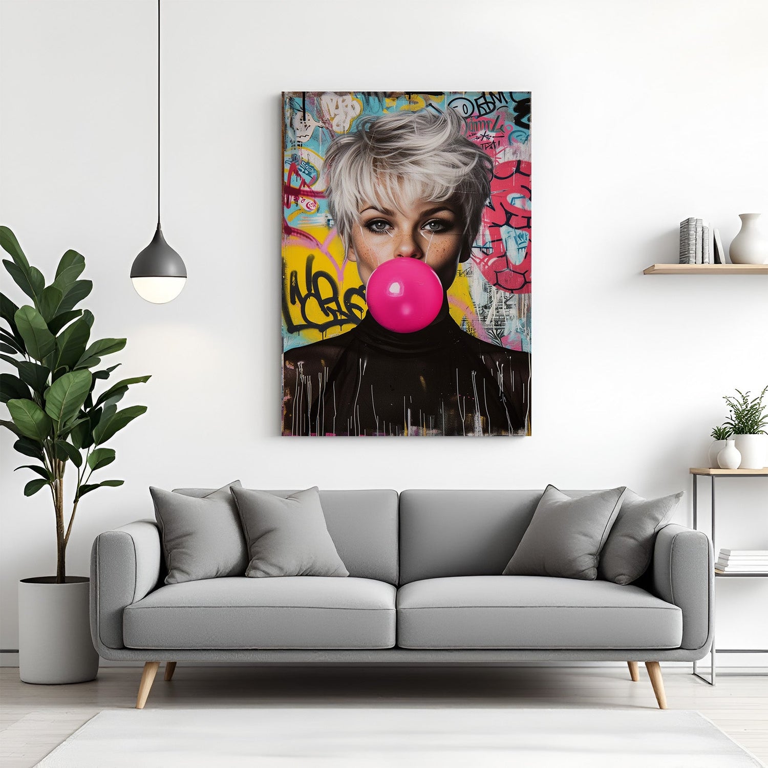 Modern canvas print of a girl blowing bubble gum, featuring bold colors and quirky attitude, perfect for adding stylish personality to bedrooms, lounges, and trendy interior walls
