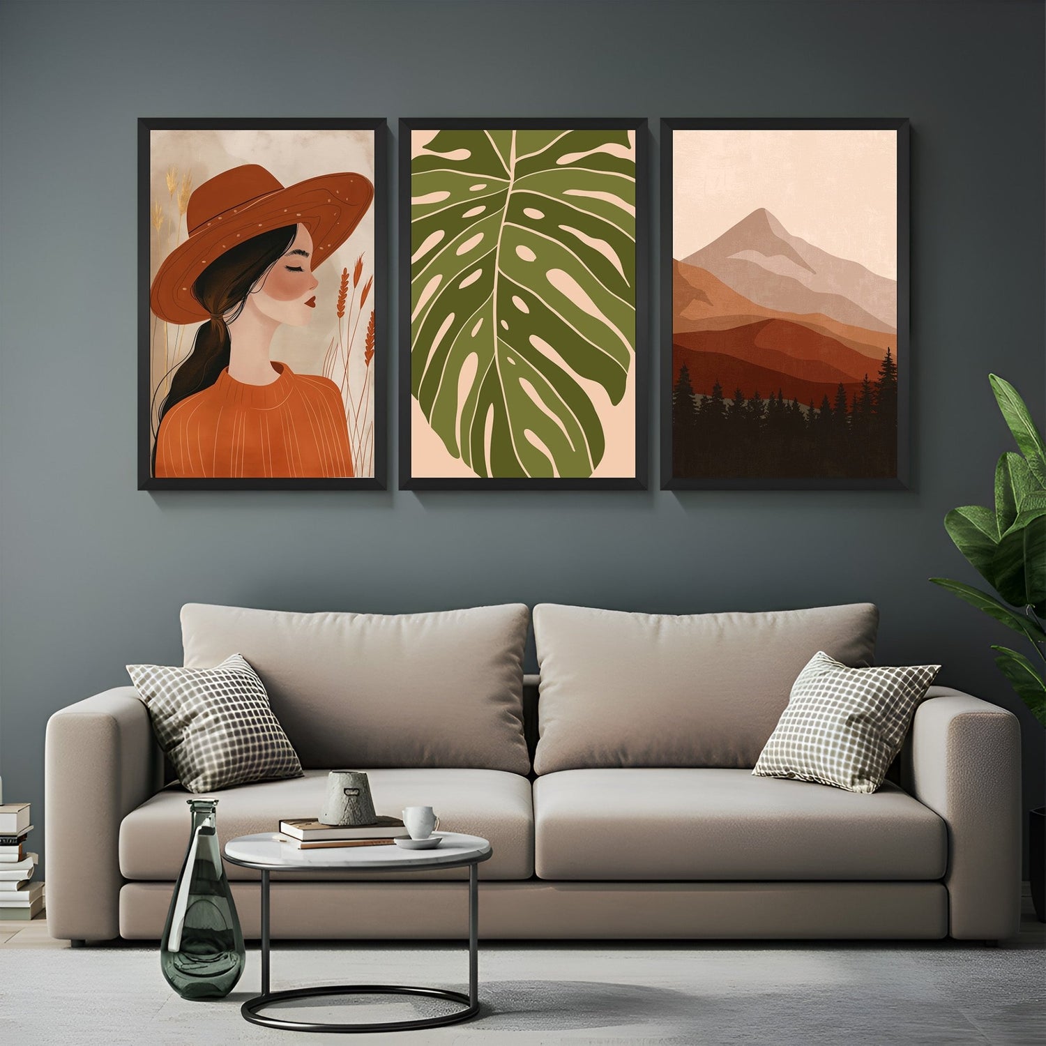 Canvas trio with feminine side-view girl, botanical green leaf design, and abstract minimalist mountain print – perfect for nature-inspired decor