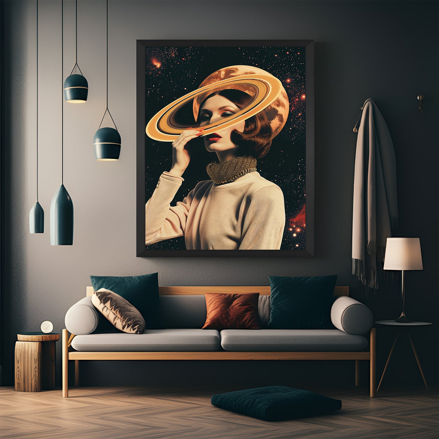 Framed canvas art of girl with Saturn in hand set in deep space, modern artistic expression with galaxy vibes for stylish interior design