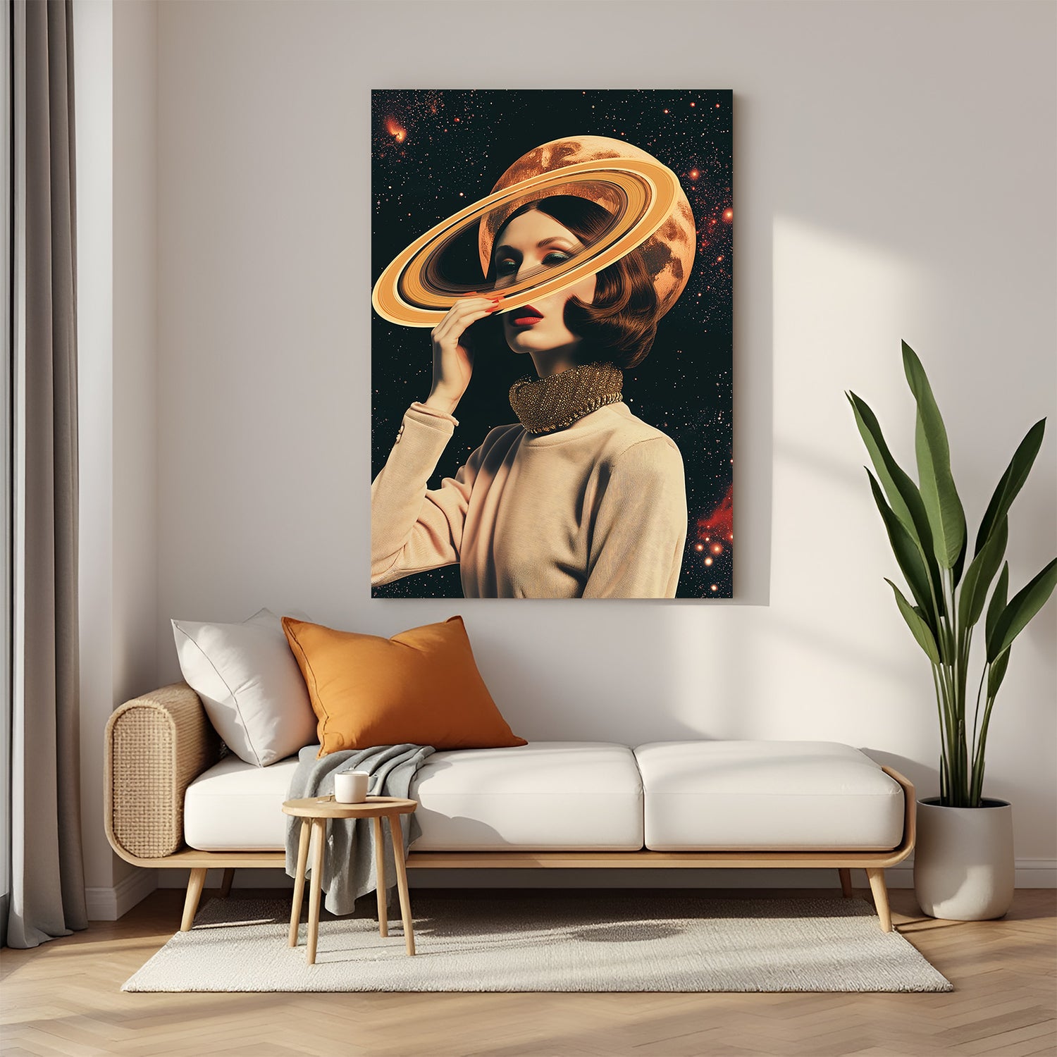 Beautiful girl holding Saturn's rings with a cosmic space background, designed in surreal modern art style perfect for galaxy-themed wall decor