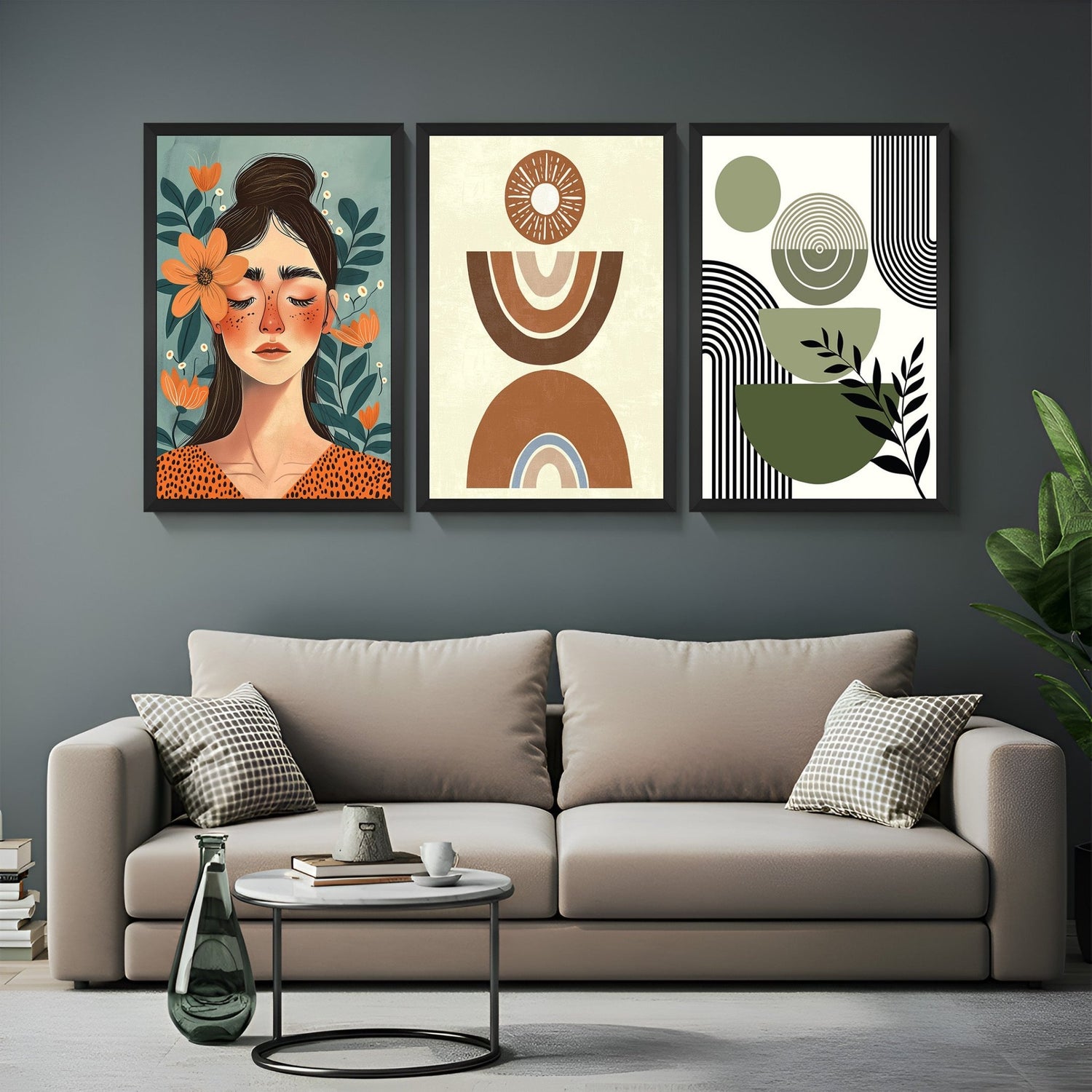 Set of 3 boho canvas prints with peaceful girl portrait, clean minimal shapes, and green toned stone abstract art – perfect for calm decor
