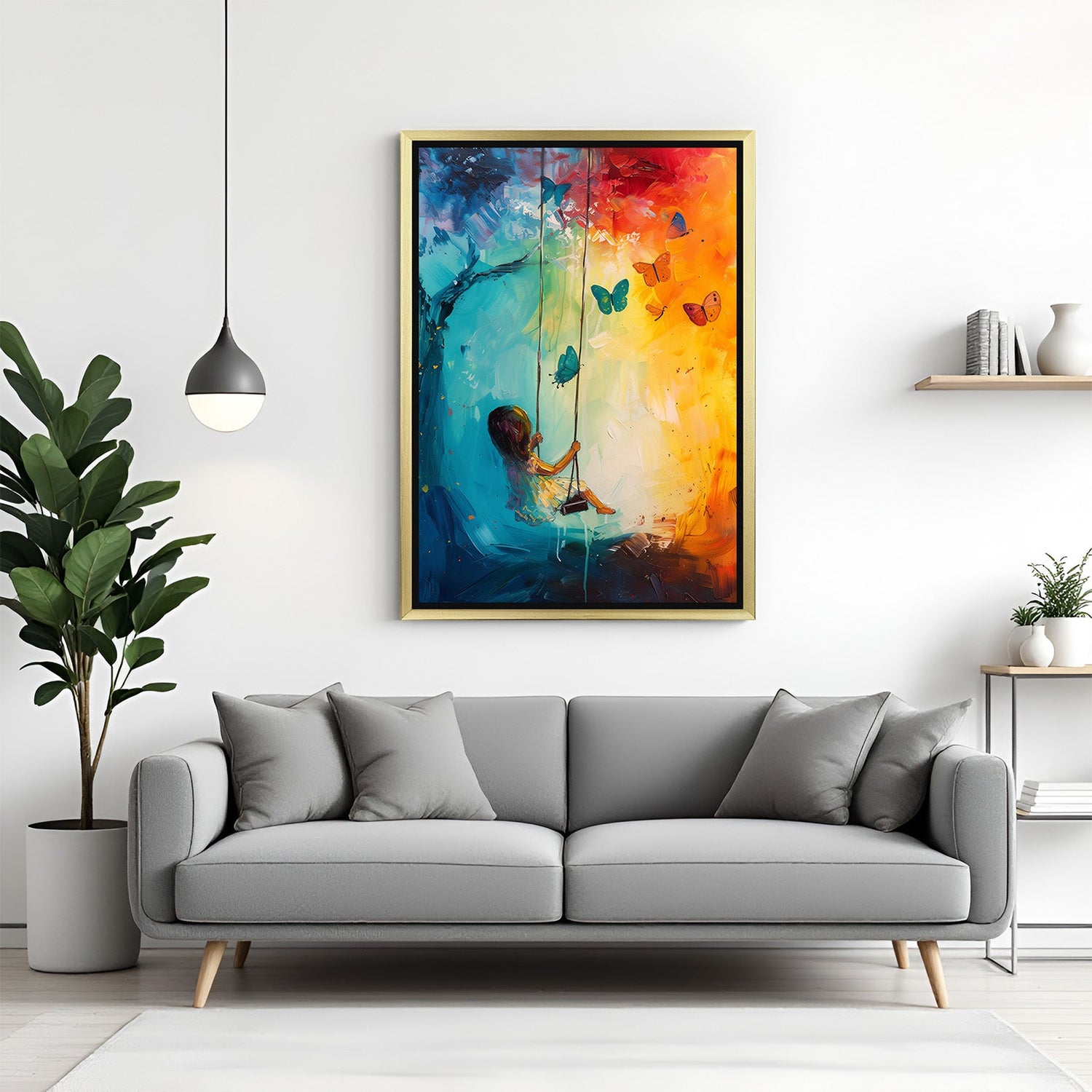 Golden frame canvas of abstract painting showing a girl on swing and butterflies – artistic and joyful decor for creative spaces
