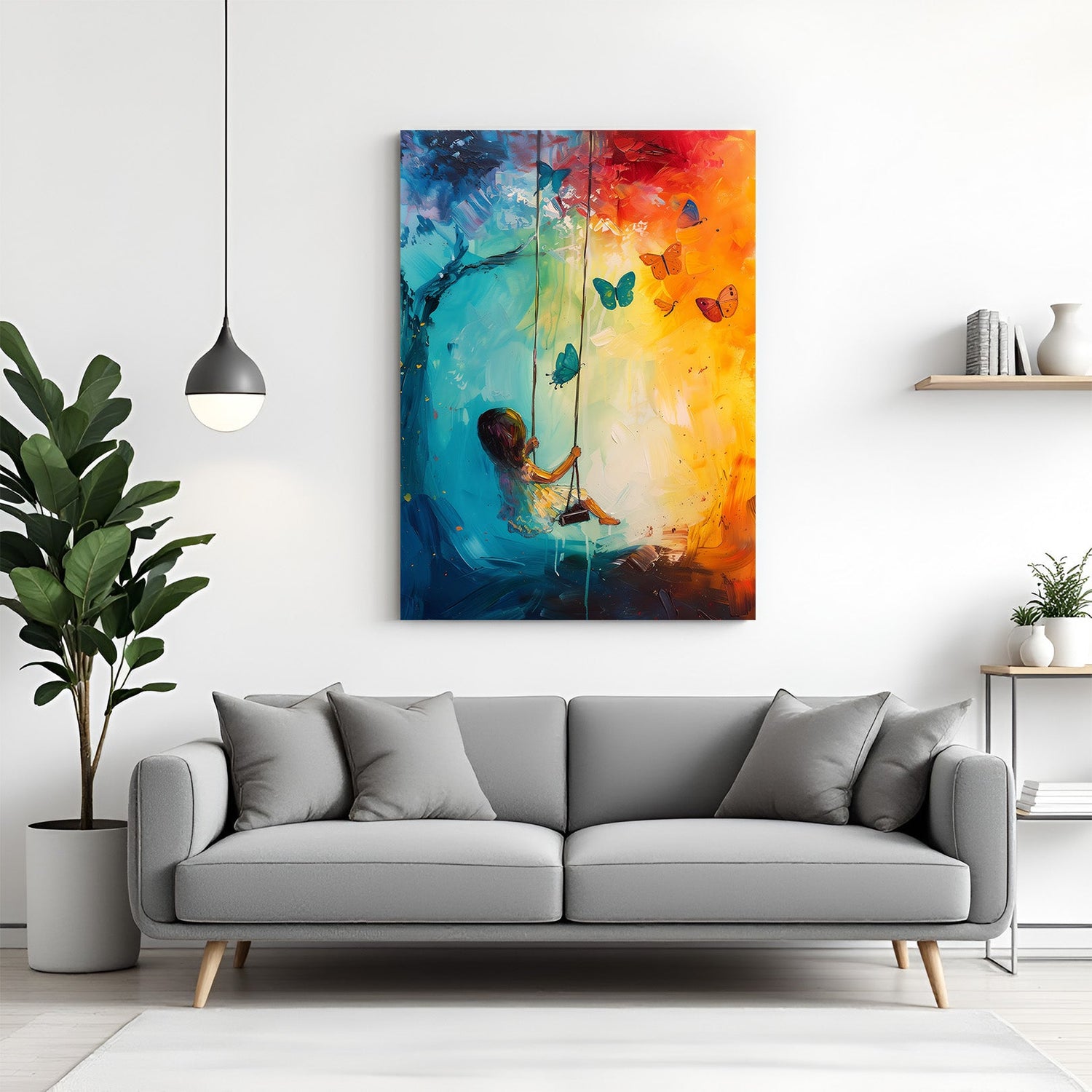 Abstract canvas wall art of a little girl swinging from a tree with butterflies – whimsical and colorful painted artwork for modern decor