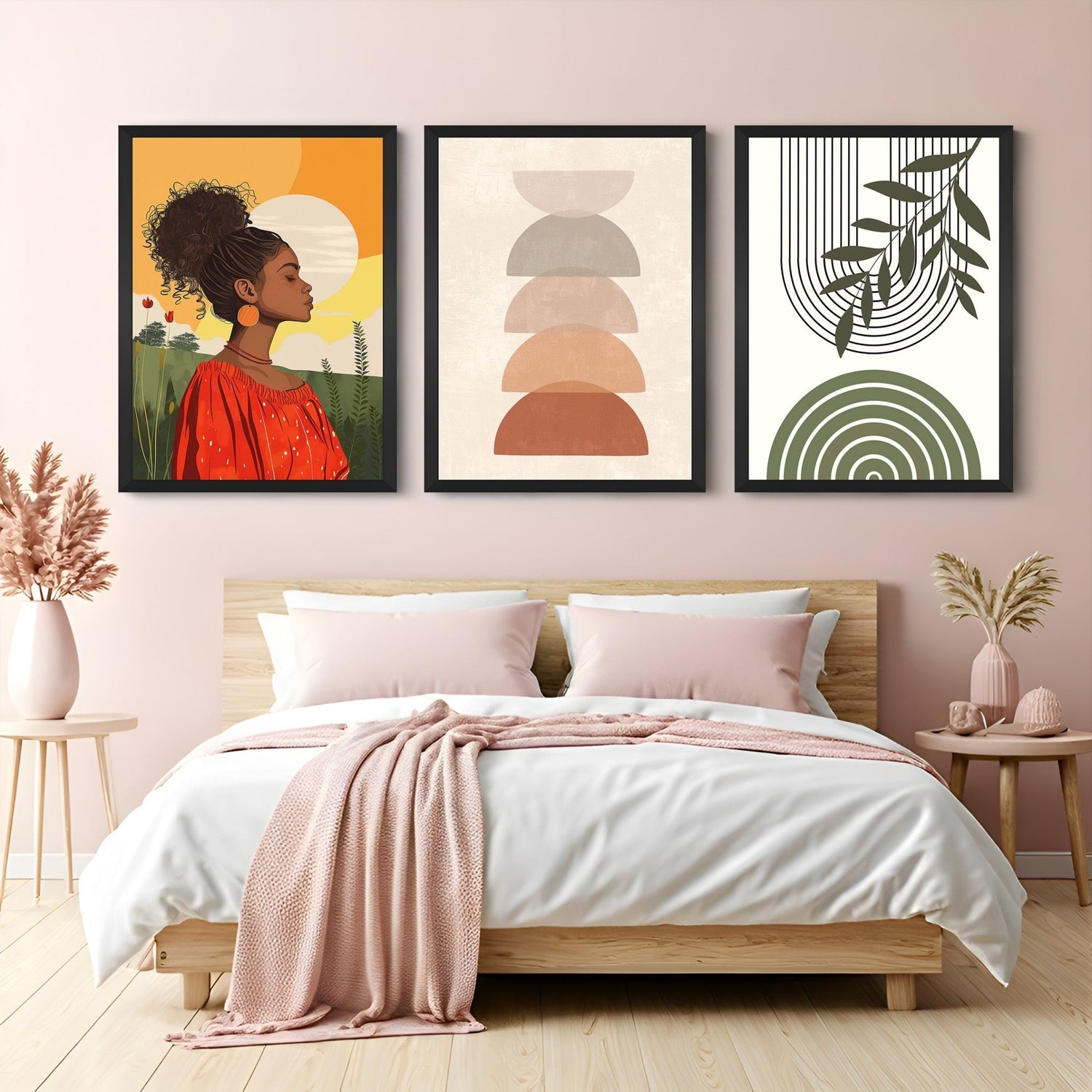 Boho canvas wall art set of 3 with girl, pastel shape art, and line and leaf minimalist print – perfect for soft and stylish interiors