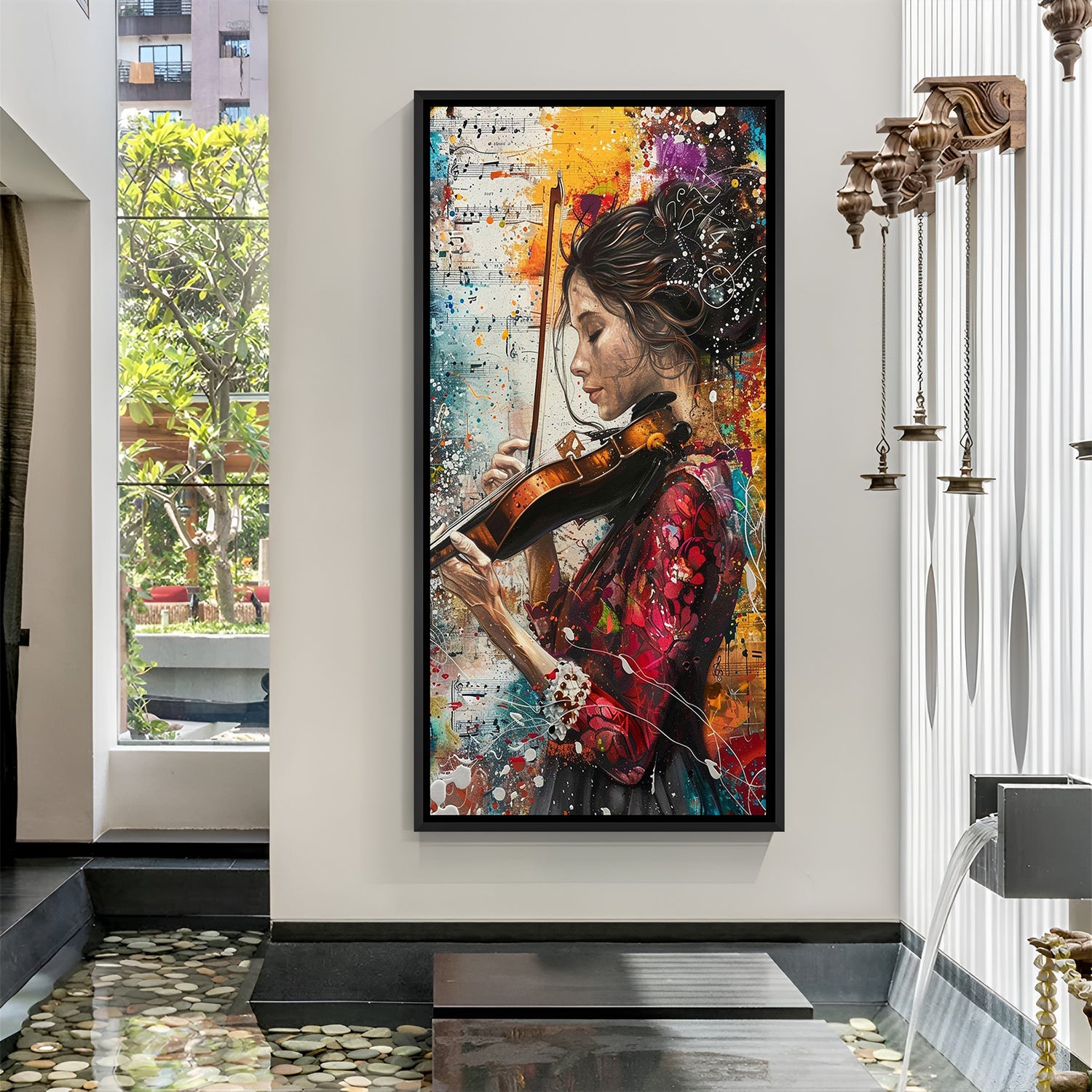 Abstract Hand Painted Girl Playing Violin Canvas Wall Art in Black Floater Frame