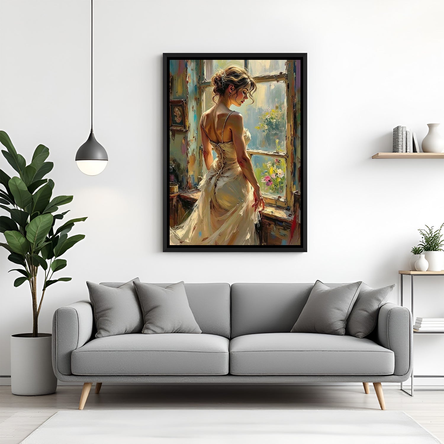 Hand-painted vintage canvas wall art of a girl in white dress standing near an old-style window in a classic house, in black floater frame, perfect for vintage-themed home decor