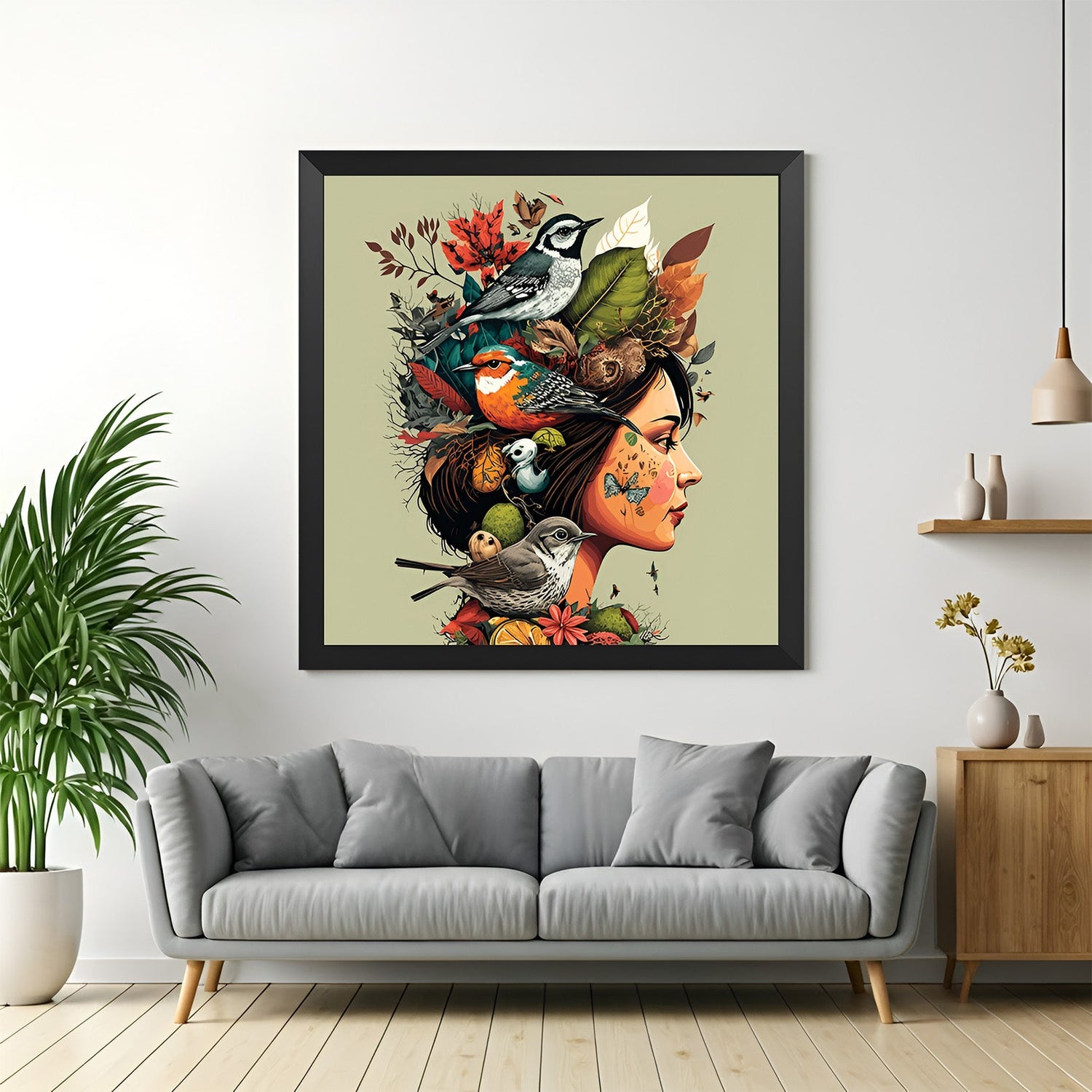 Black-framed wall art of girl with birds and nest on her head—beautiful animal-themed modern decor blending femininity and nature in a peaceful expression