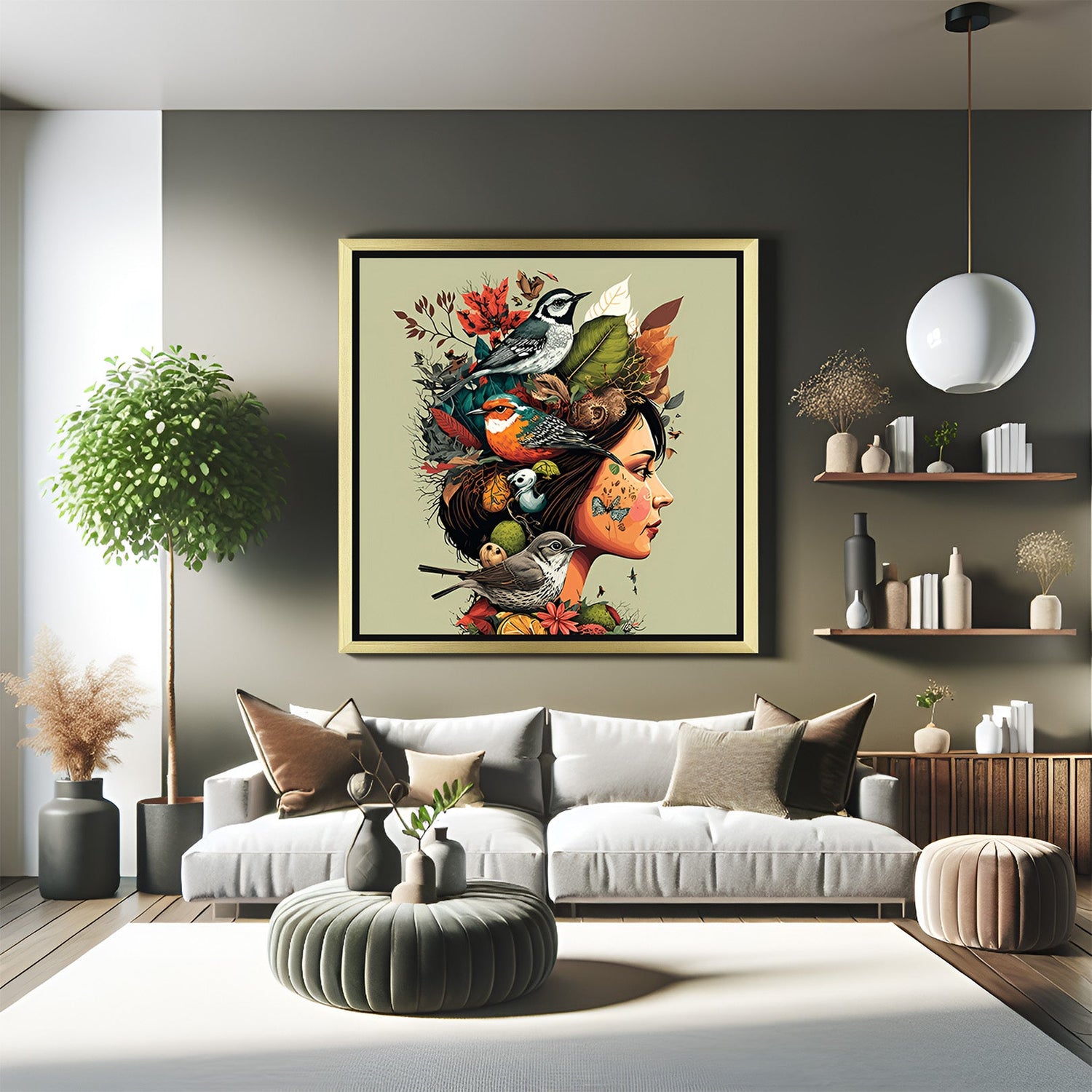Golden-framed canvas featuring girl’s side view with birds and nest in hair—artistic tribute to animal affection and elegant modern design
