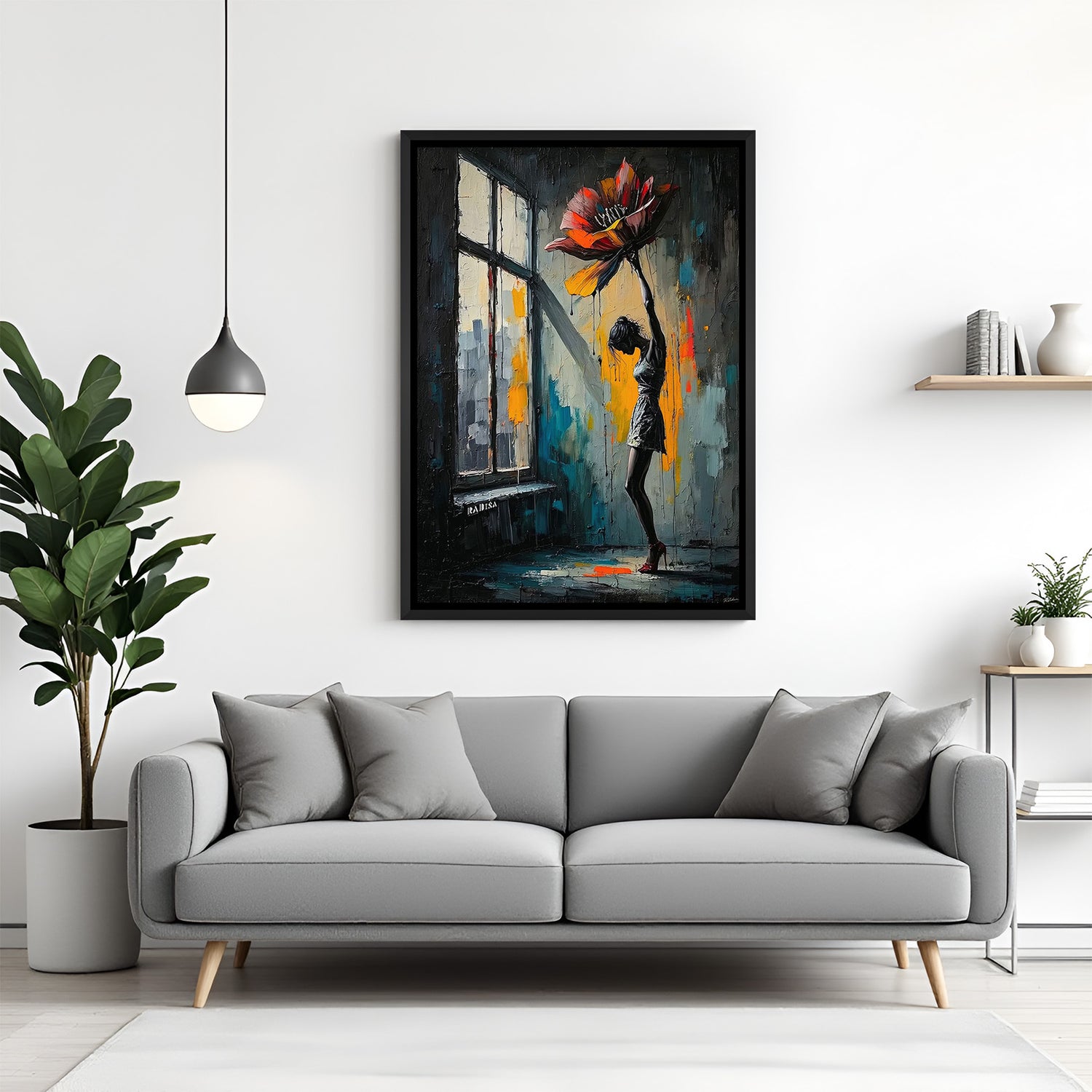 Modern abstract face art in black frame for living room