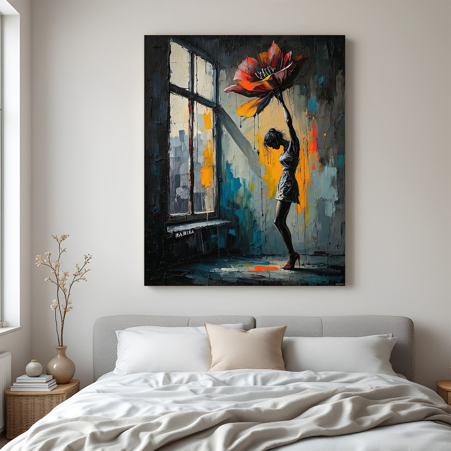 Girl with blooming flower modern abstract canvas wall art