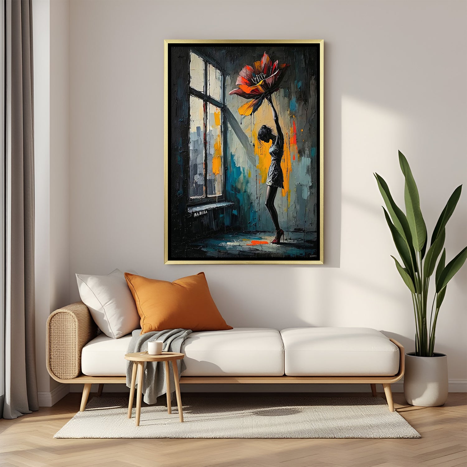 Elegant girl with flower wall art in golden frame for bedroom decor