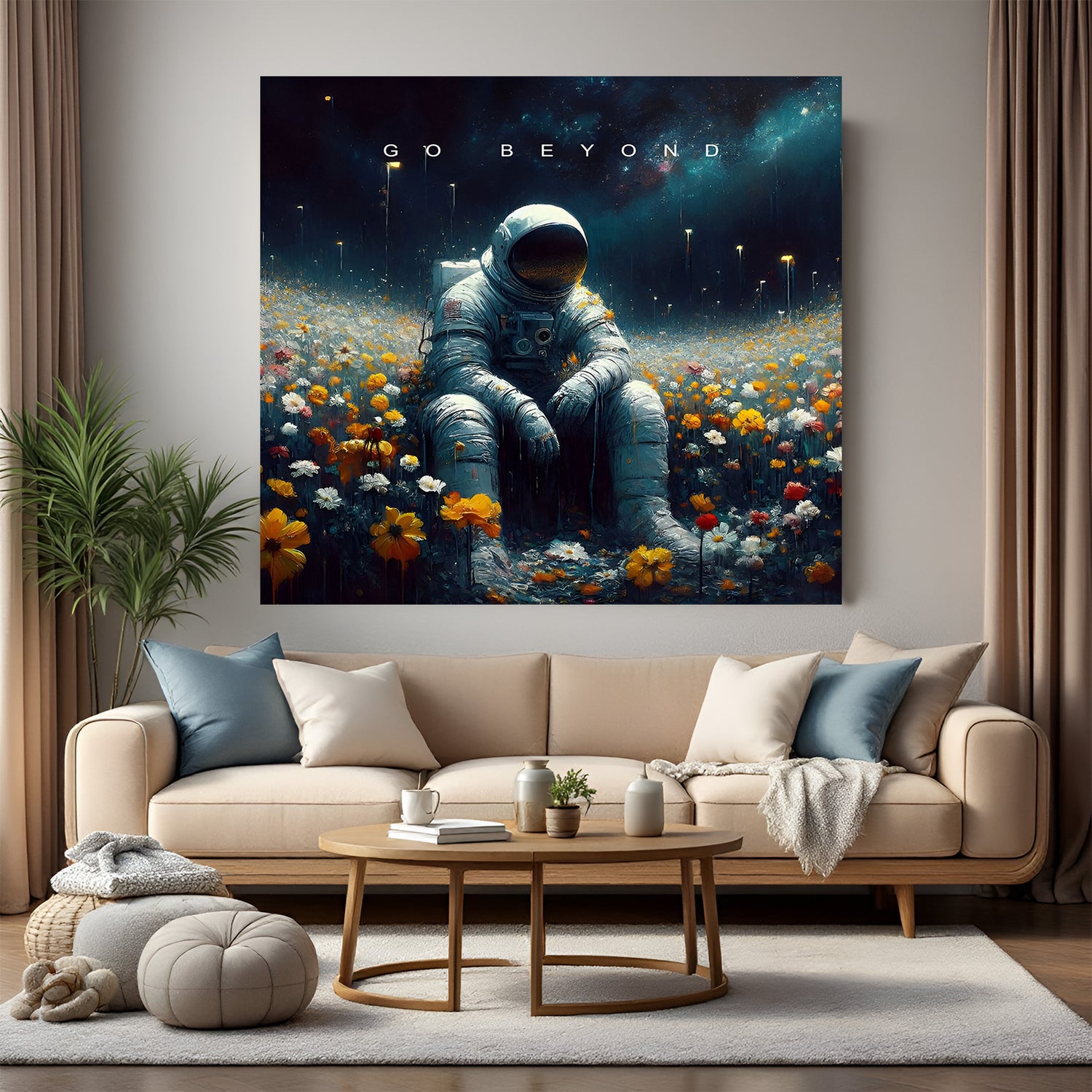 Astronaut sitting among flowers with “Go Beyond” text – motivational canvas wall art for dreamers and explorers.