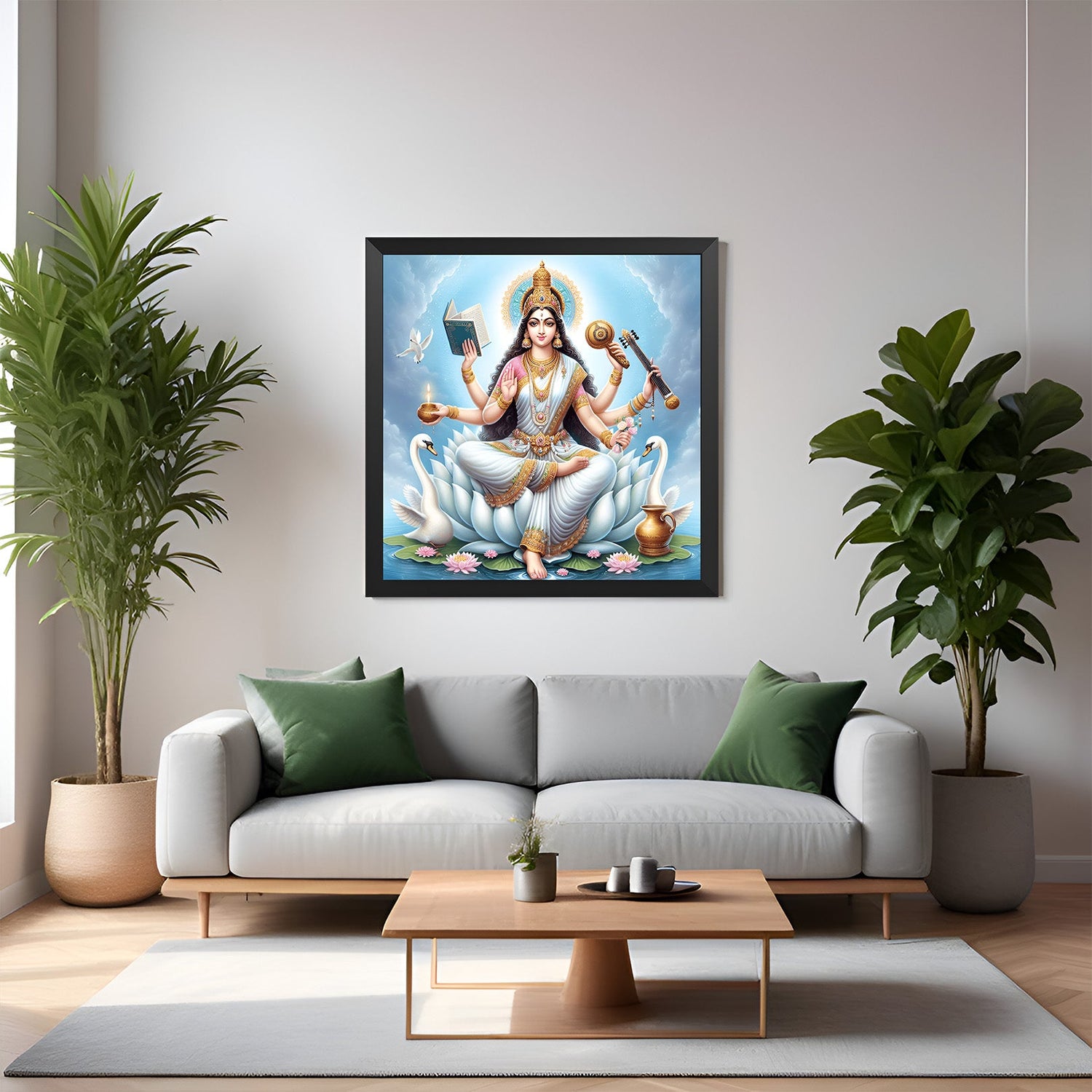 Saraswati canvas painting in black floater frame for spiritual Vastu decor in study and pooja rooms