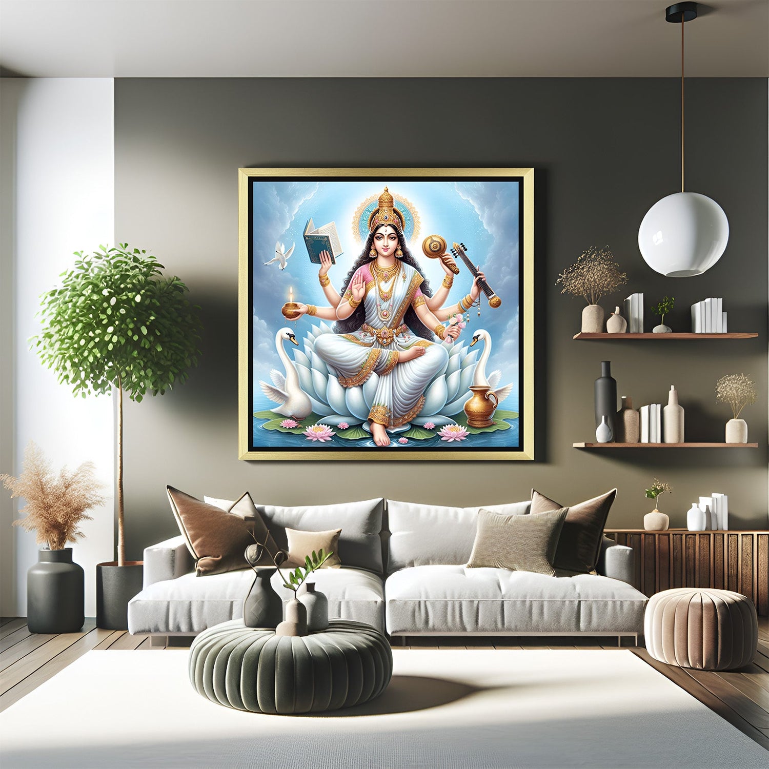 Golden frame Saraswati wall art for Vastu-aligned learning spaces and divine pooja room decoration