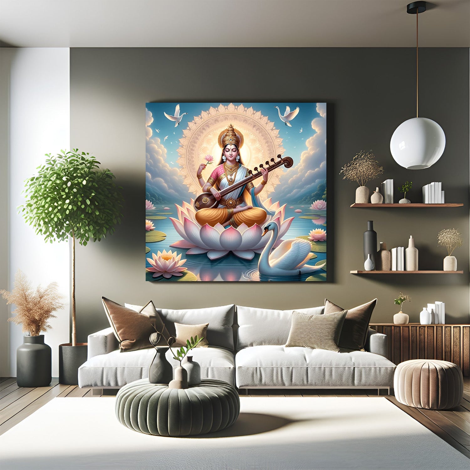 Goddess Saraswati canvas wall art symbolizing wisdom and focus for Vastu-aligned home and office decoration
