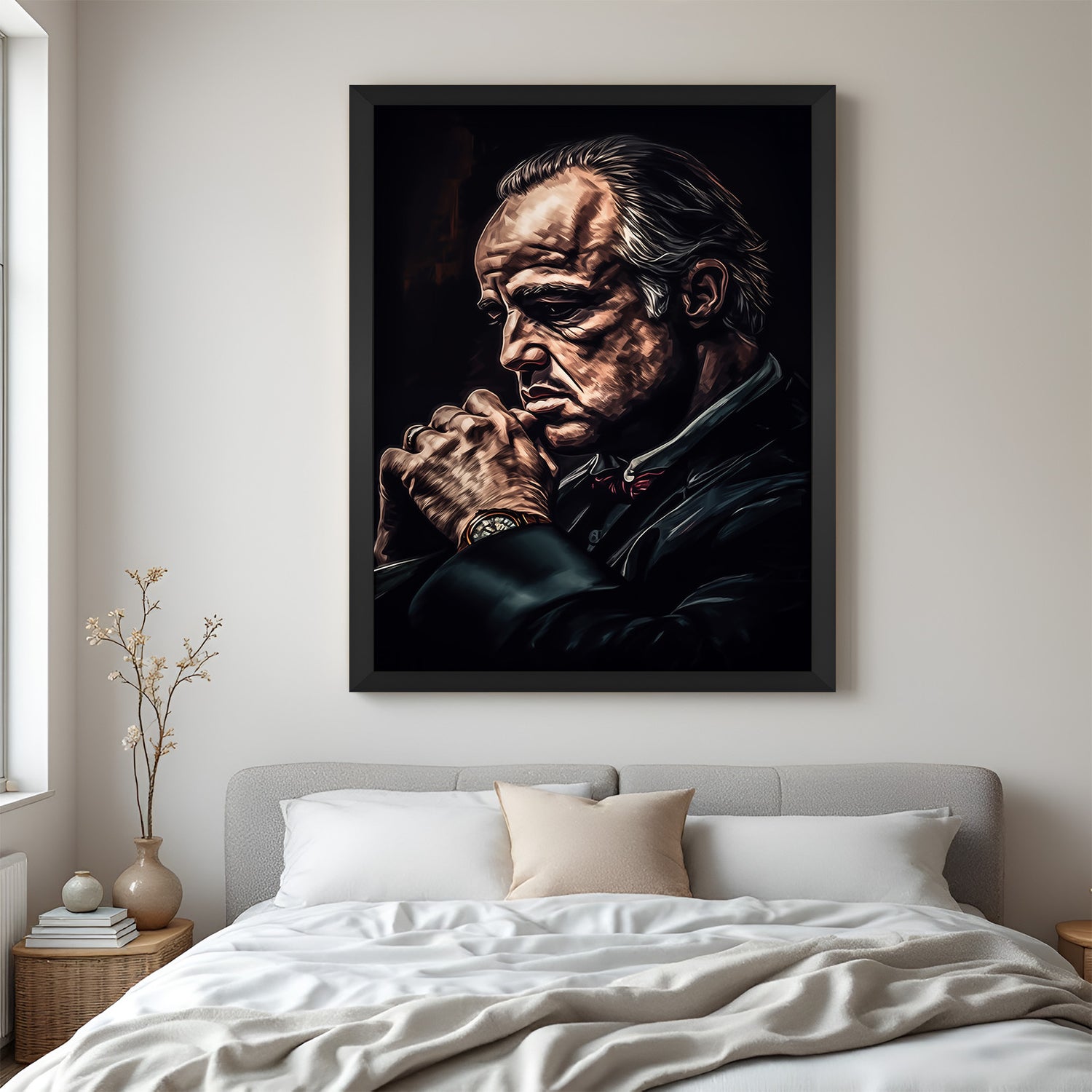 Framed black canvas art of The Godfather showing deep thought and intellect, ideal modern artwork for office or home walls