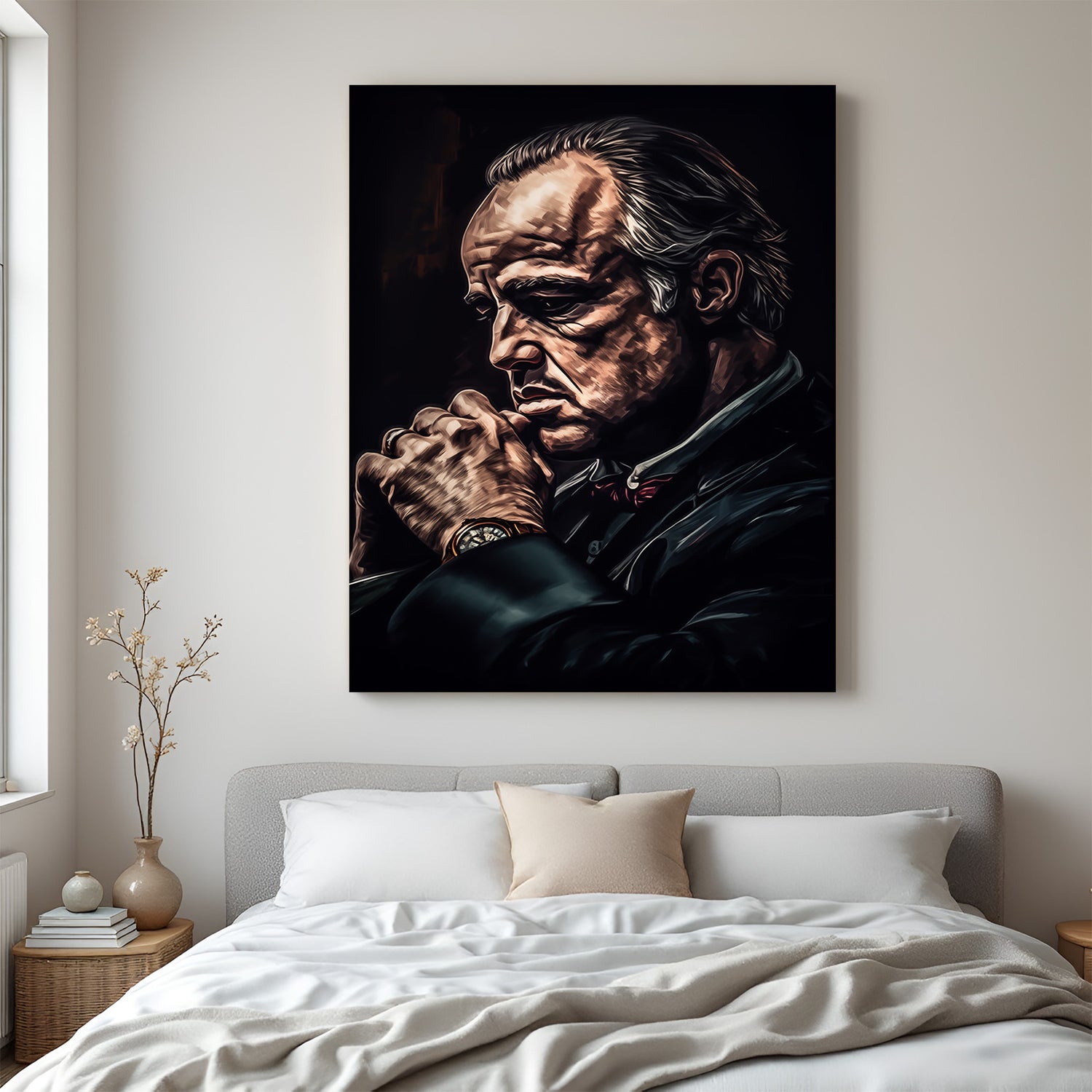 Modern canvas wall art of The Godfather in deep thinking pose, symbolizing leadership and strength—perfect for cinematic home decor