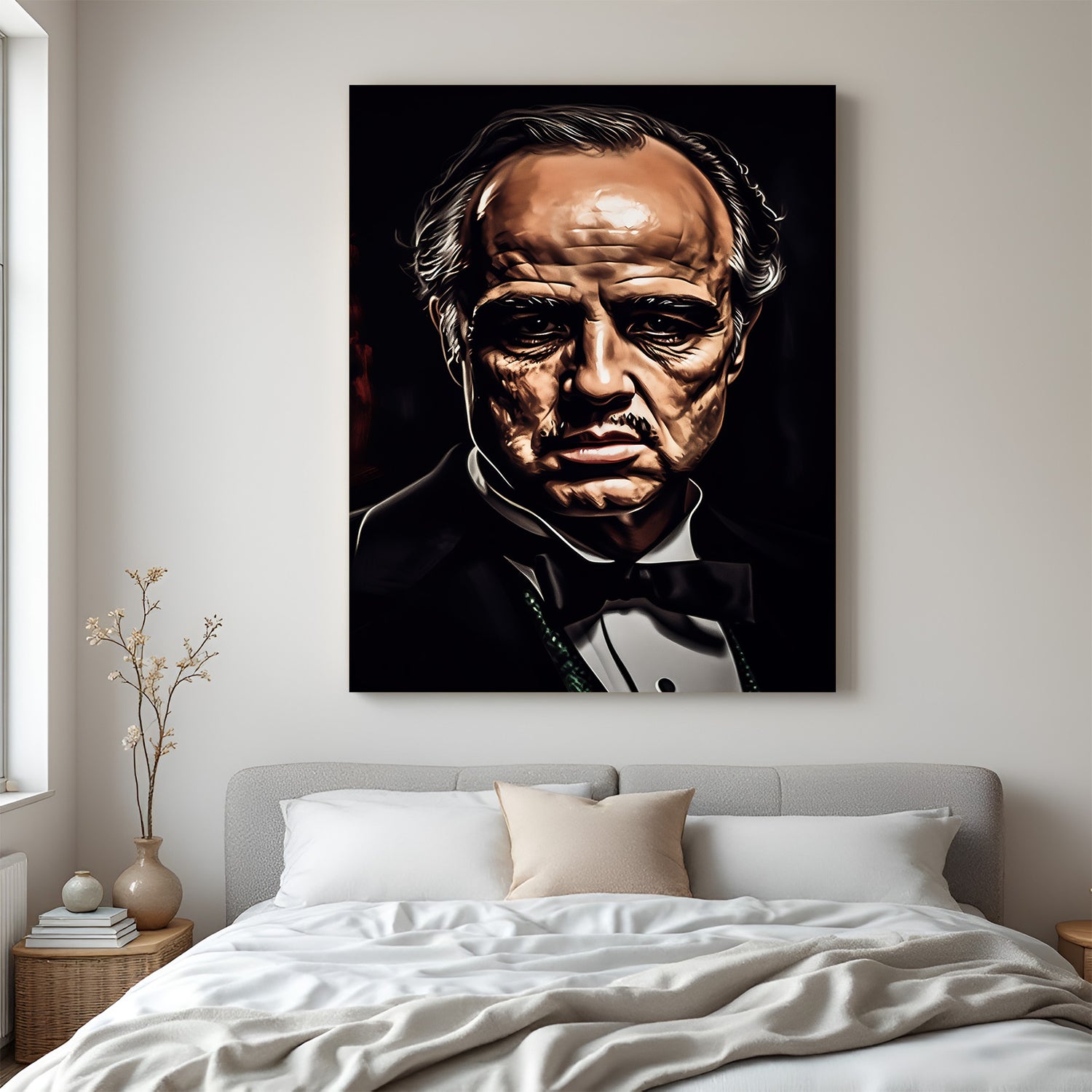Classic Godfather portrait in cinematic poster style, showcasing Don Vito Corleone in bold black-and-white tones for timeless wall decor
