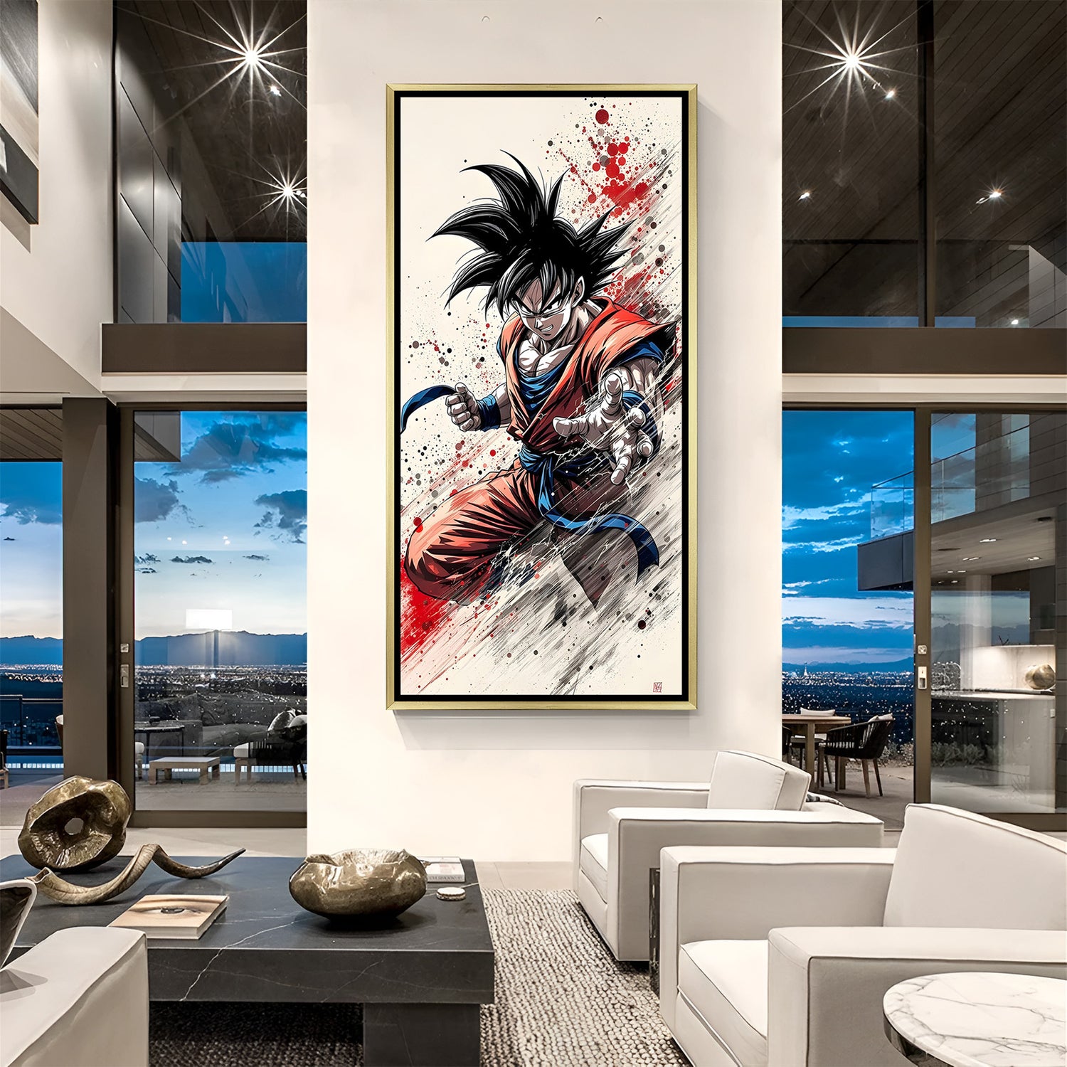 Goku Dragon Ball Z wall art in luxury golden floater frame with anime battle design