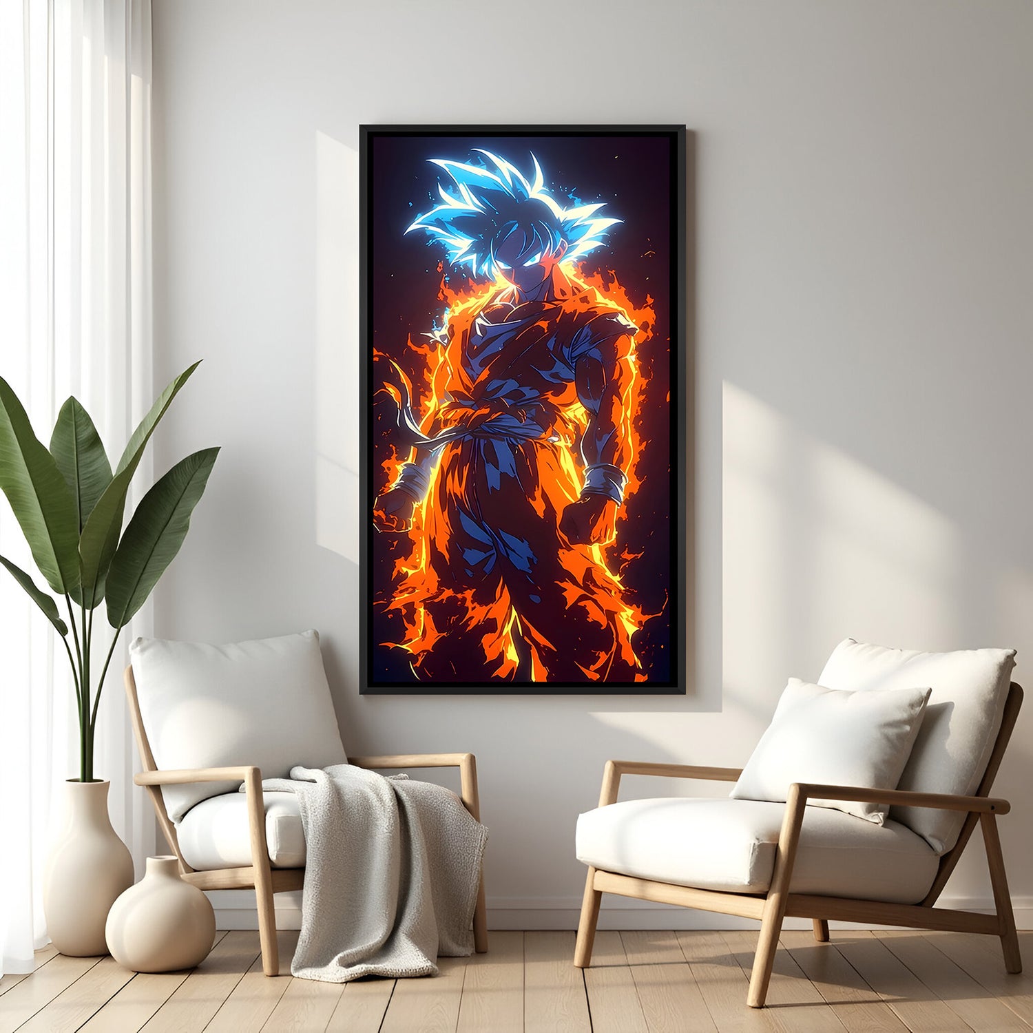 Goku Fire Aura anime canvas artwork in premium black floater frame