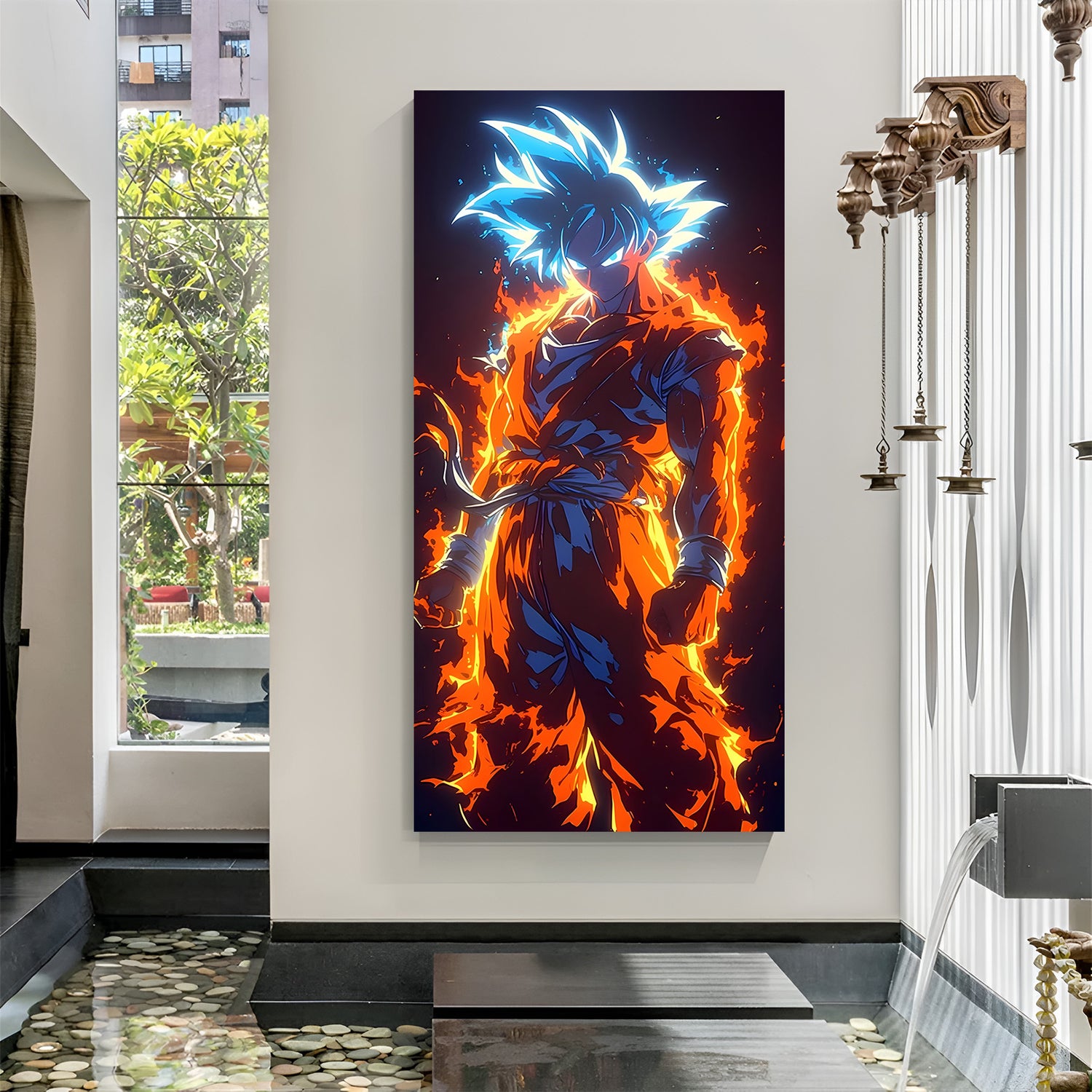 Goku Fire Aura canvas painting with fiery anime artwork in canvas wrapped frame