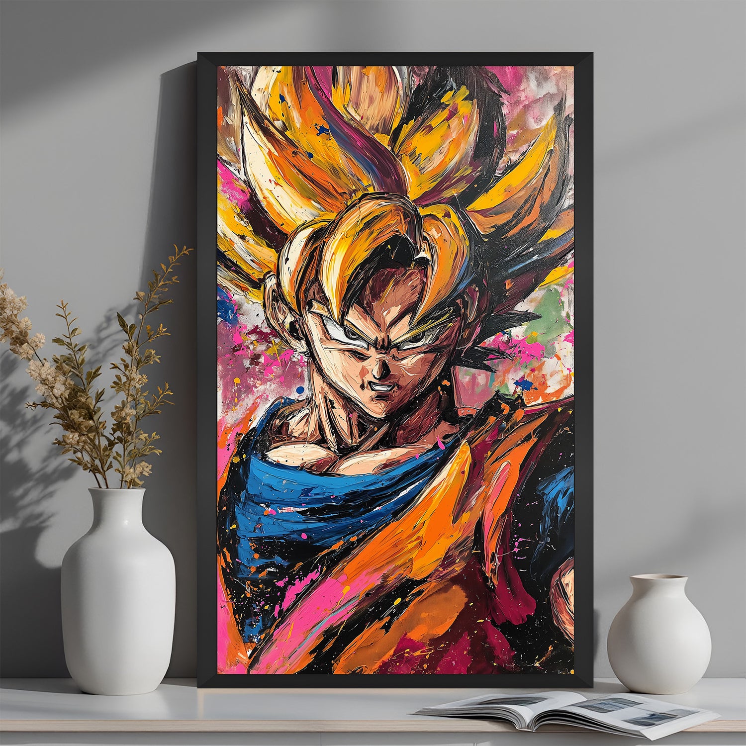 Goku modern anime artwork in black floater frame, showcasing dynamic Dragon Ball energy in a stylish canvas print for bedrooms, lounges, or creative spaces