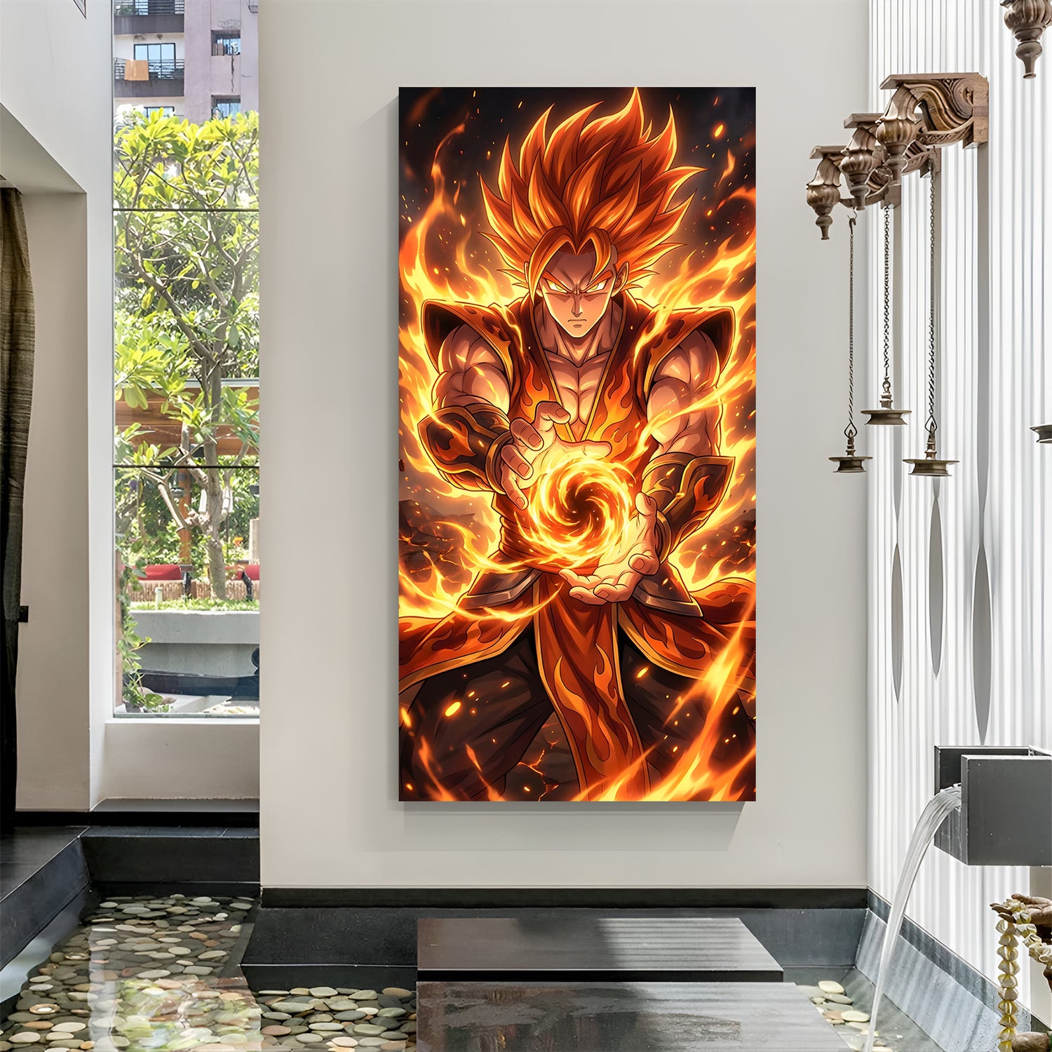 Goku Power Attack canvas painting with fiery anime energy artwork in canvas wrapped frame