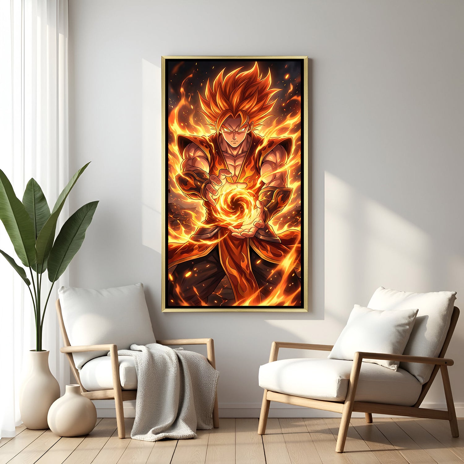 Goku Dragon Ball Z wall art in luxury golden floater frame with fiery anime power design