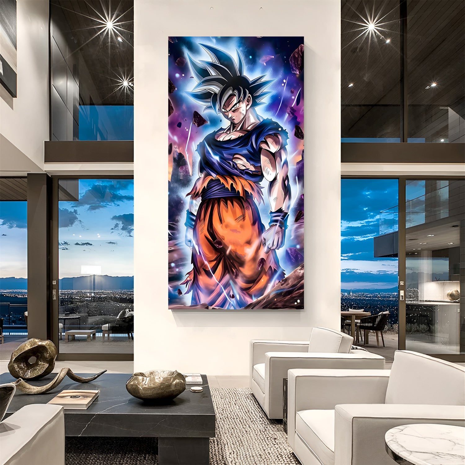 Goku Ultra Instinct canvas painting with silver hair and blue aura anime artwork in canvas wrapped frame