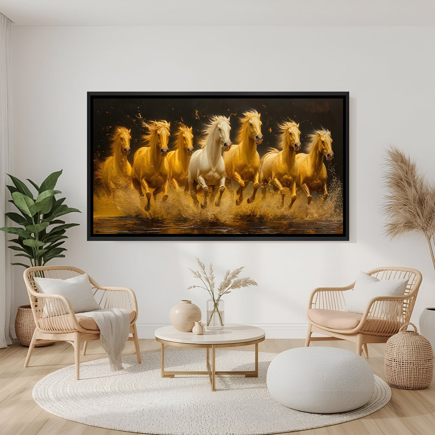 Golden seven running horses painting in black floater frame for living room decor