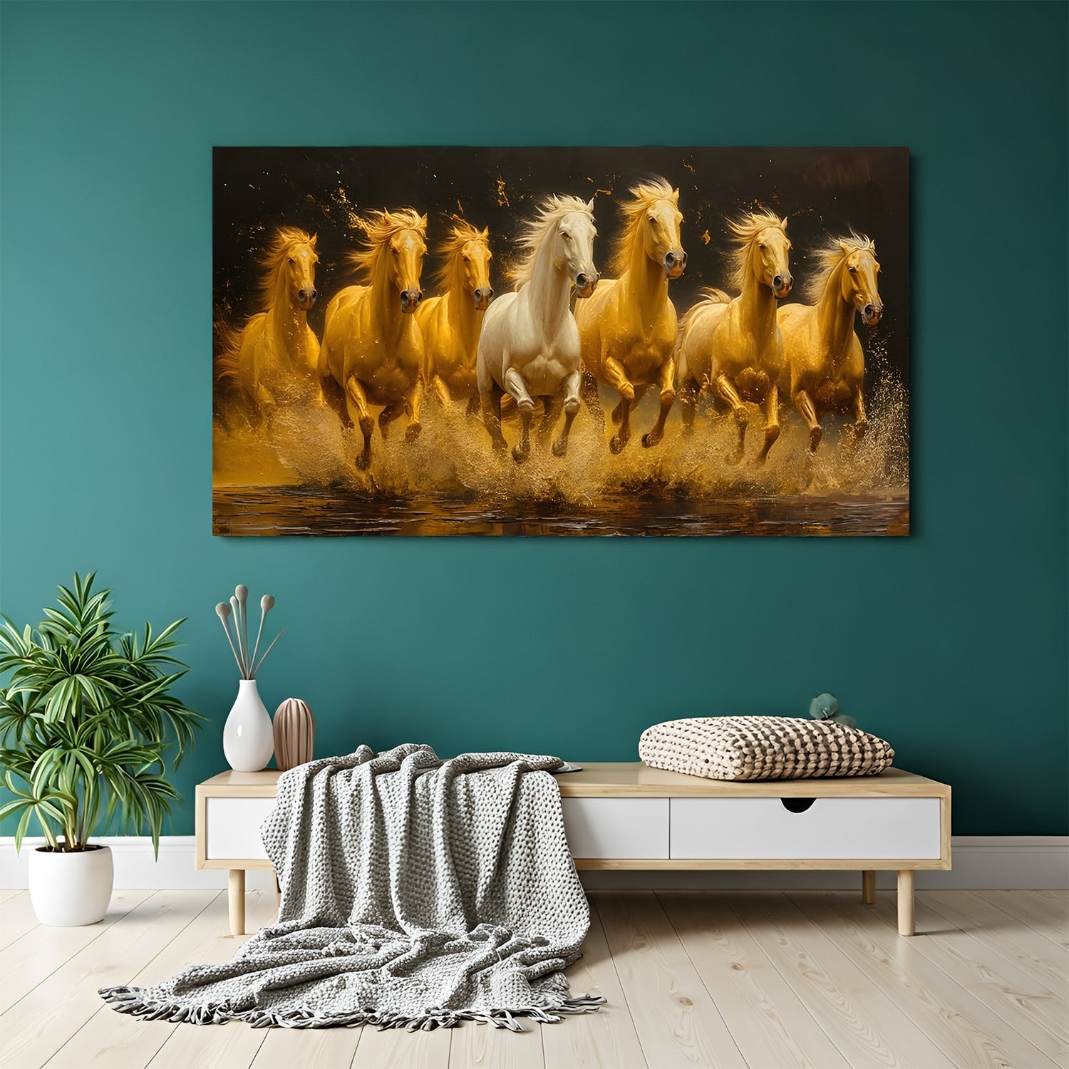 Golden 7 running horses vastu wall art in canvas wrapped frame symbolising wealth and success
