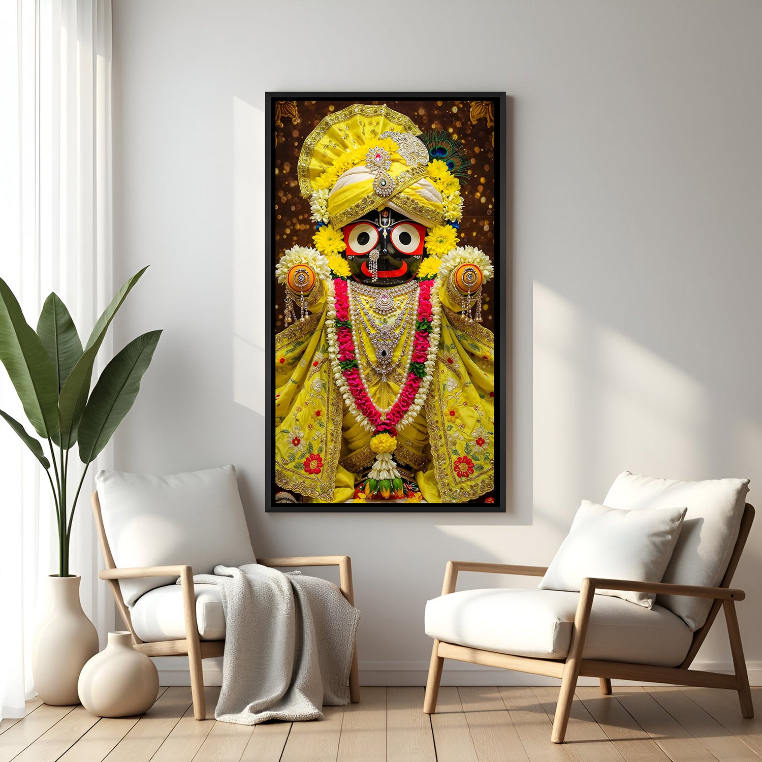 Vibrant Jagannath artwork in yellow attire displayed in elegant black floater frame
