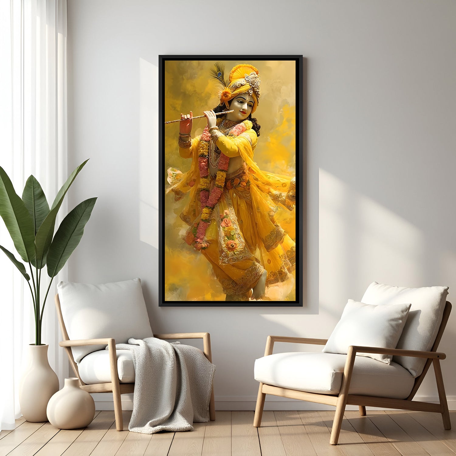 Krishna flute yellow theme wall painting in elegant black floater frame for spiritual home decor