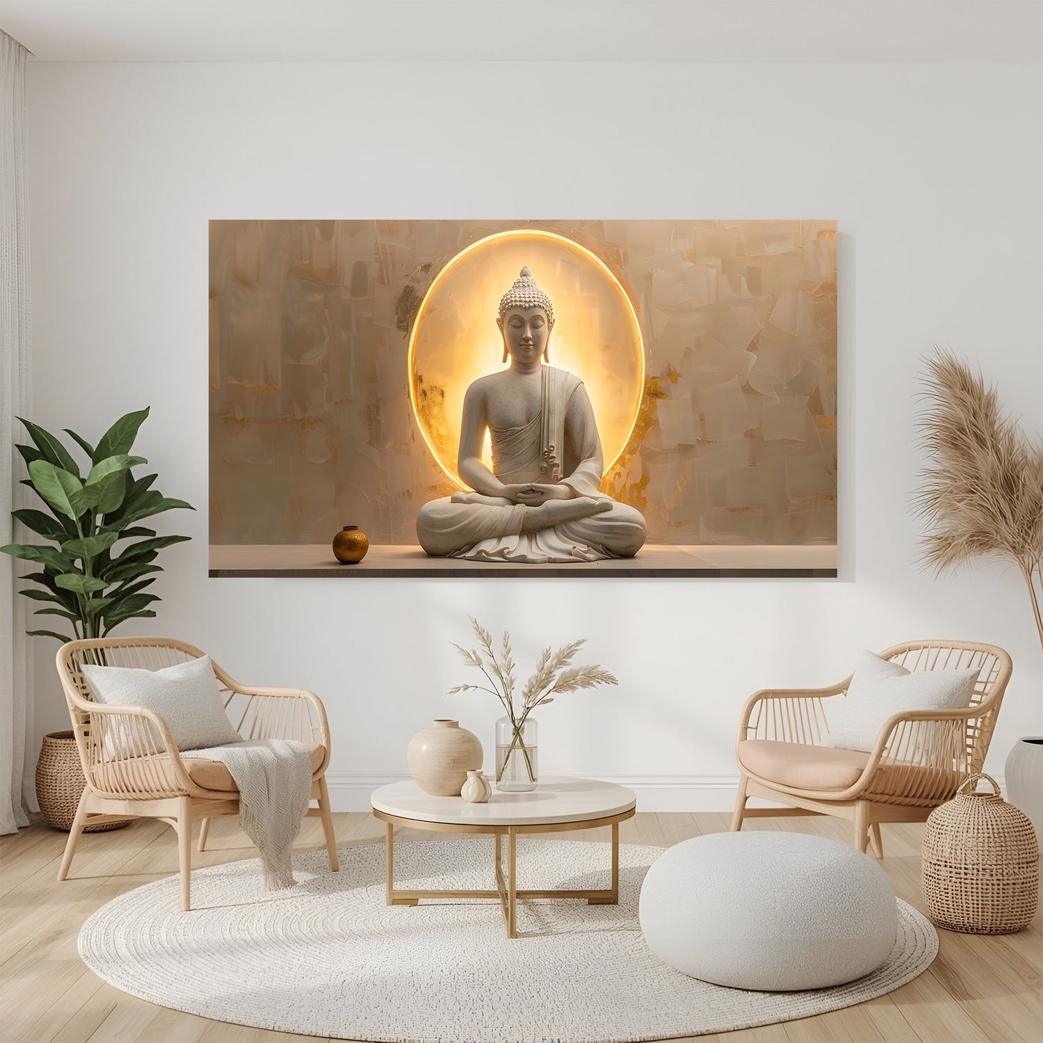 Panoramic Buddha meditation wall art in canvas wrapped frame featuring a glowing golden halo and serene neutral tones.
