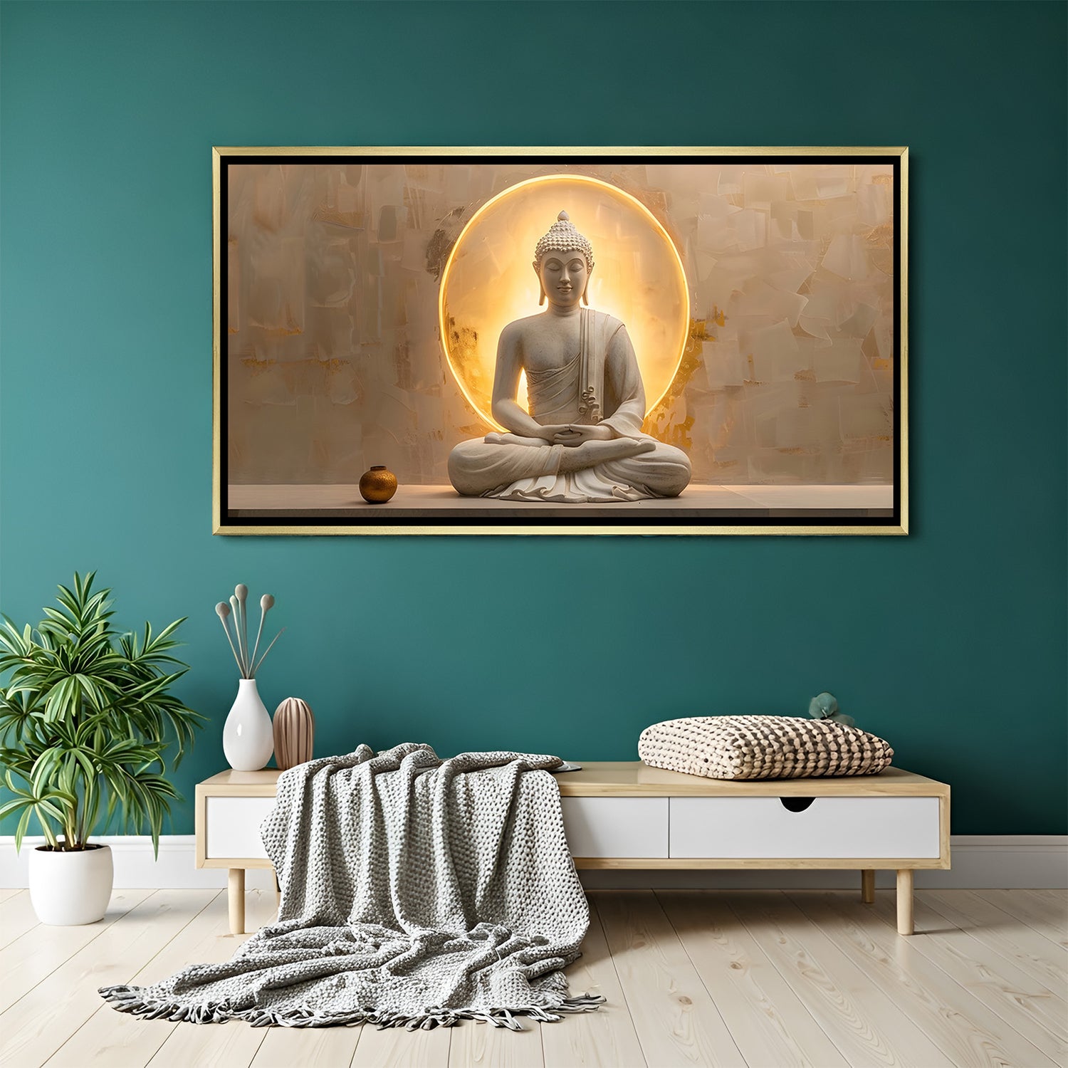 Luxury Buddha meditation wall art in gold floater frame showcasing radiant halo lighting and calming beige palette.