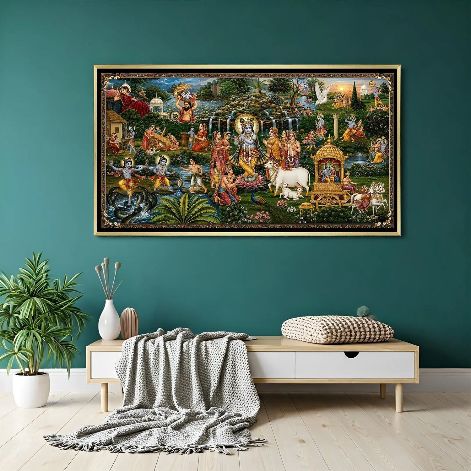 Golden Chariot of Vrindavan artwork in luxury golden floater frame featuring Radha Krishna, gopis, and sacred cows