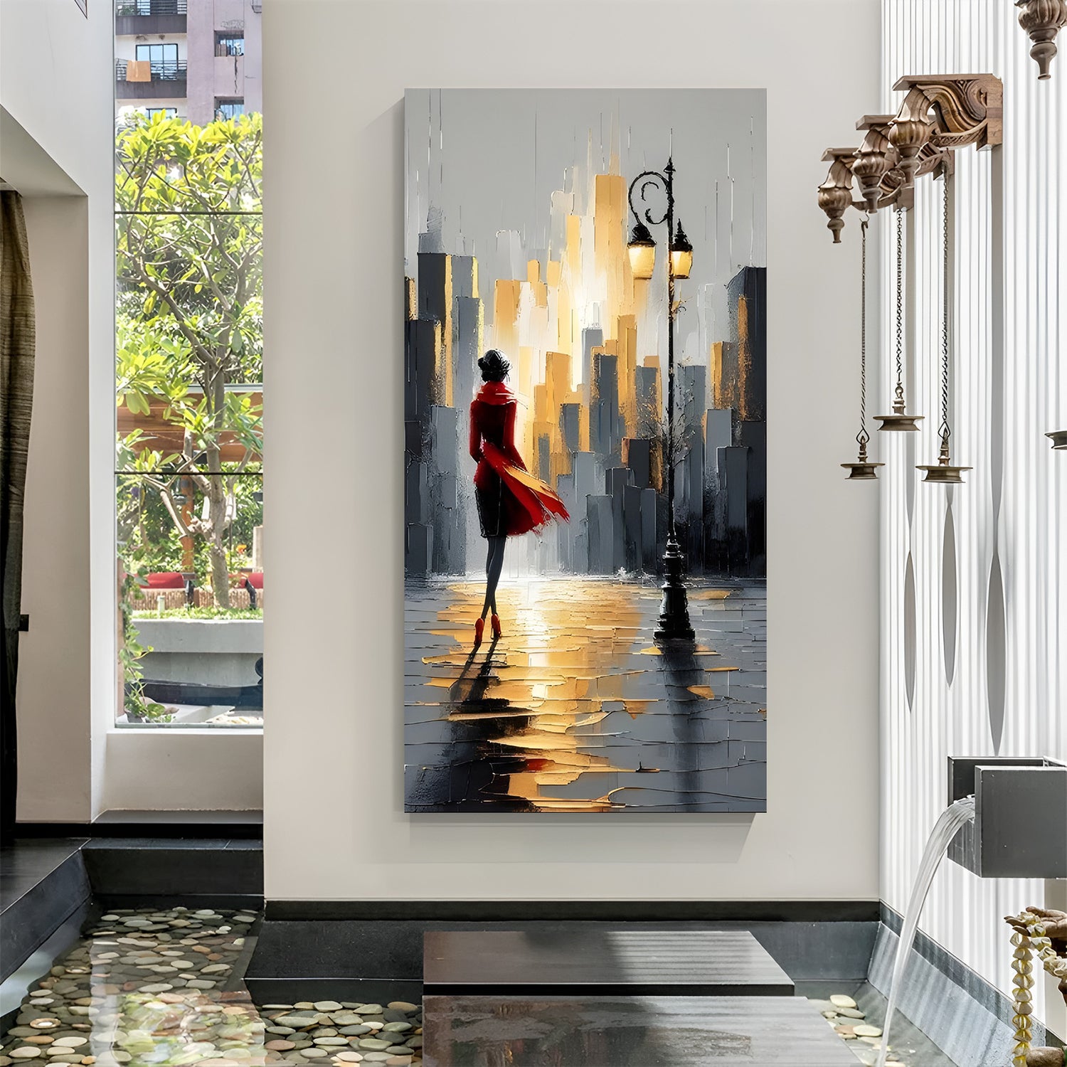 Golden city walk modern art canvas wall painting with woman in red coat and glowing urban skyline in canvas wrapped frame