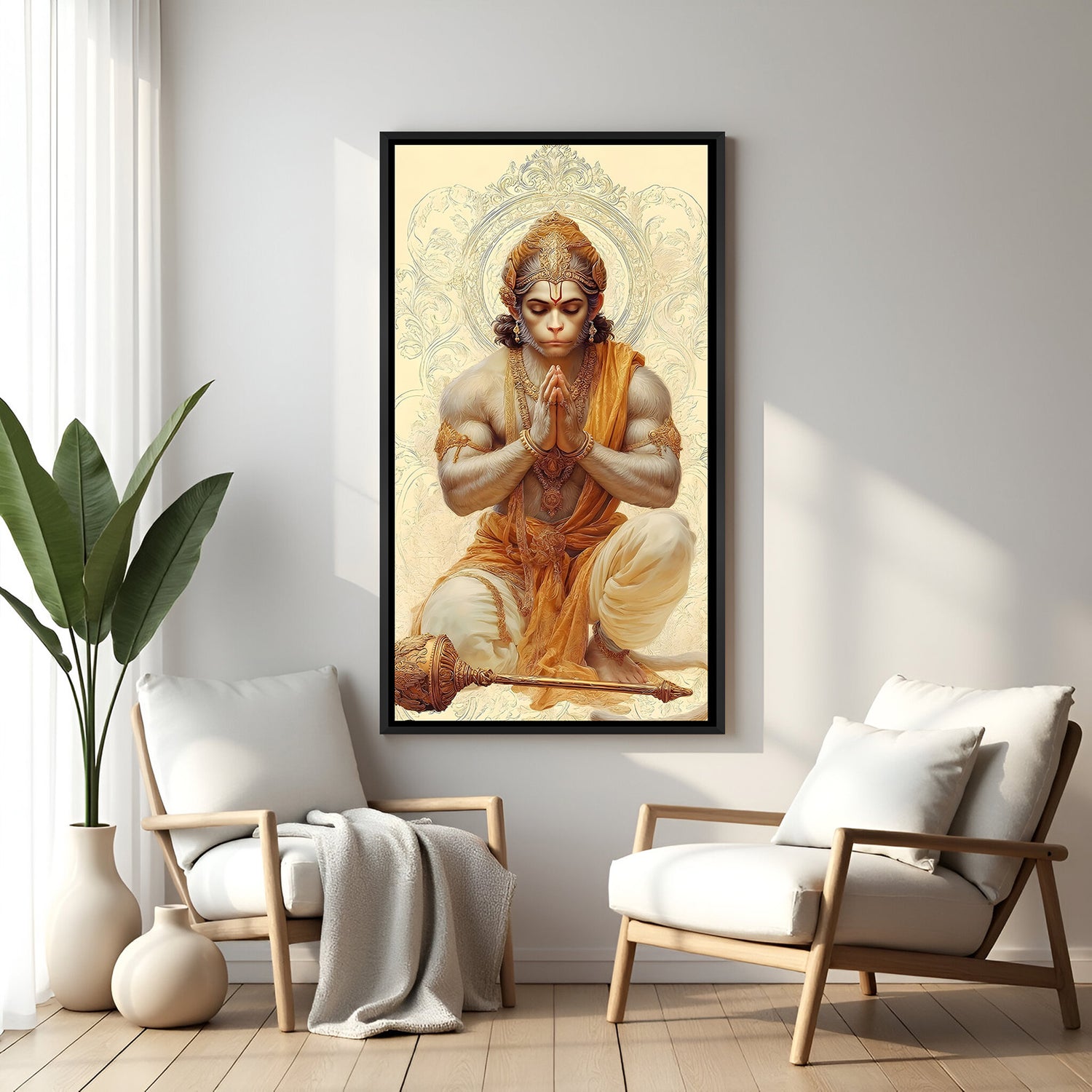 Devotional Hanuman Ji folded hands artwork in elegant black frame.