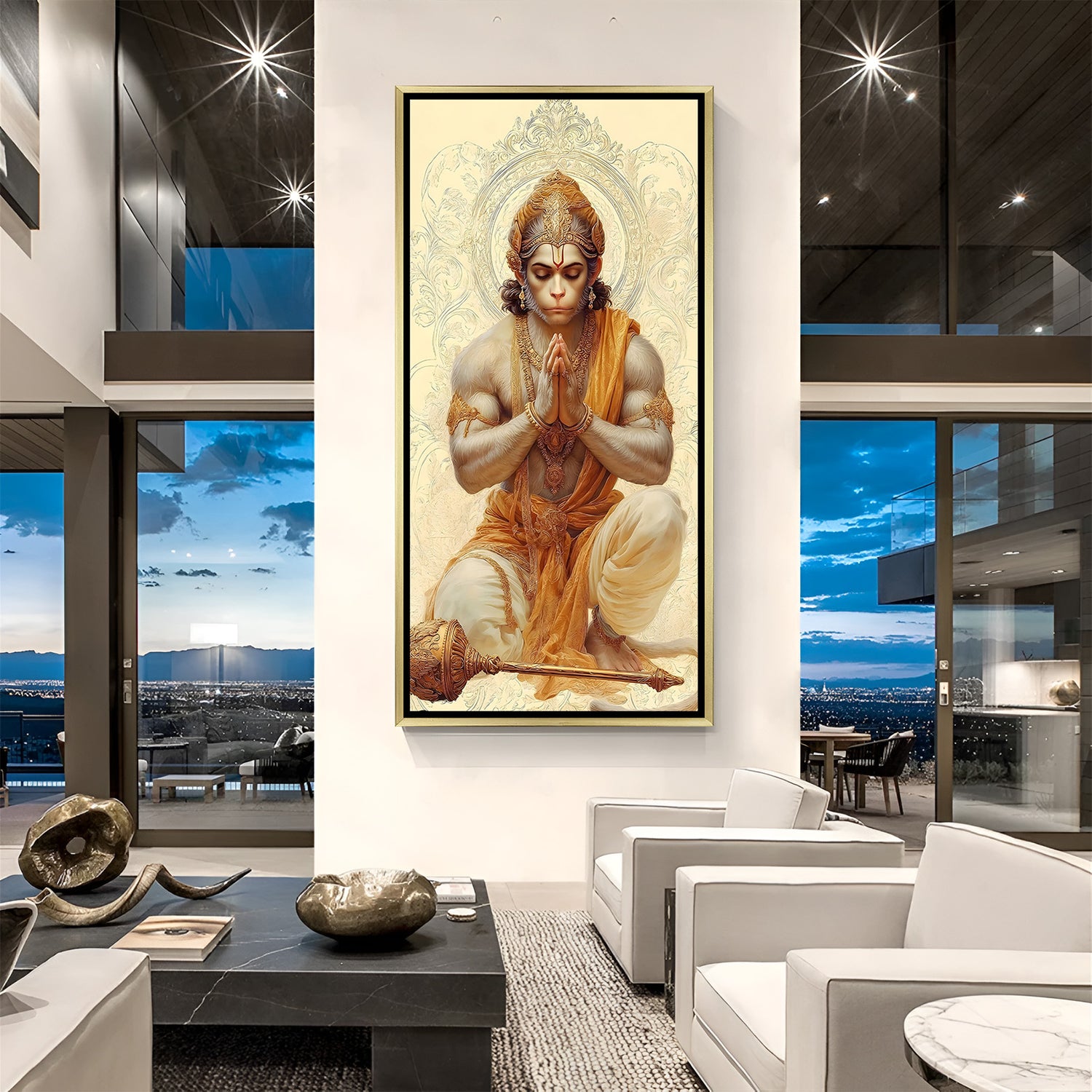 Premium Hanuman Ji prayer wall art in rich golden frame with soft aura