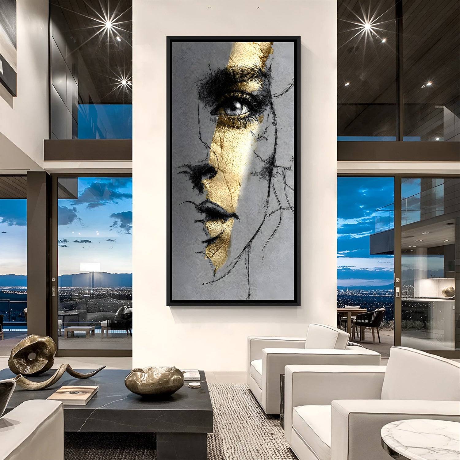 Modern abstract female face wall art with golden line accent in elegant black floater frame