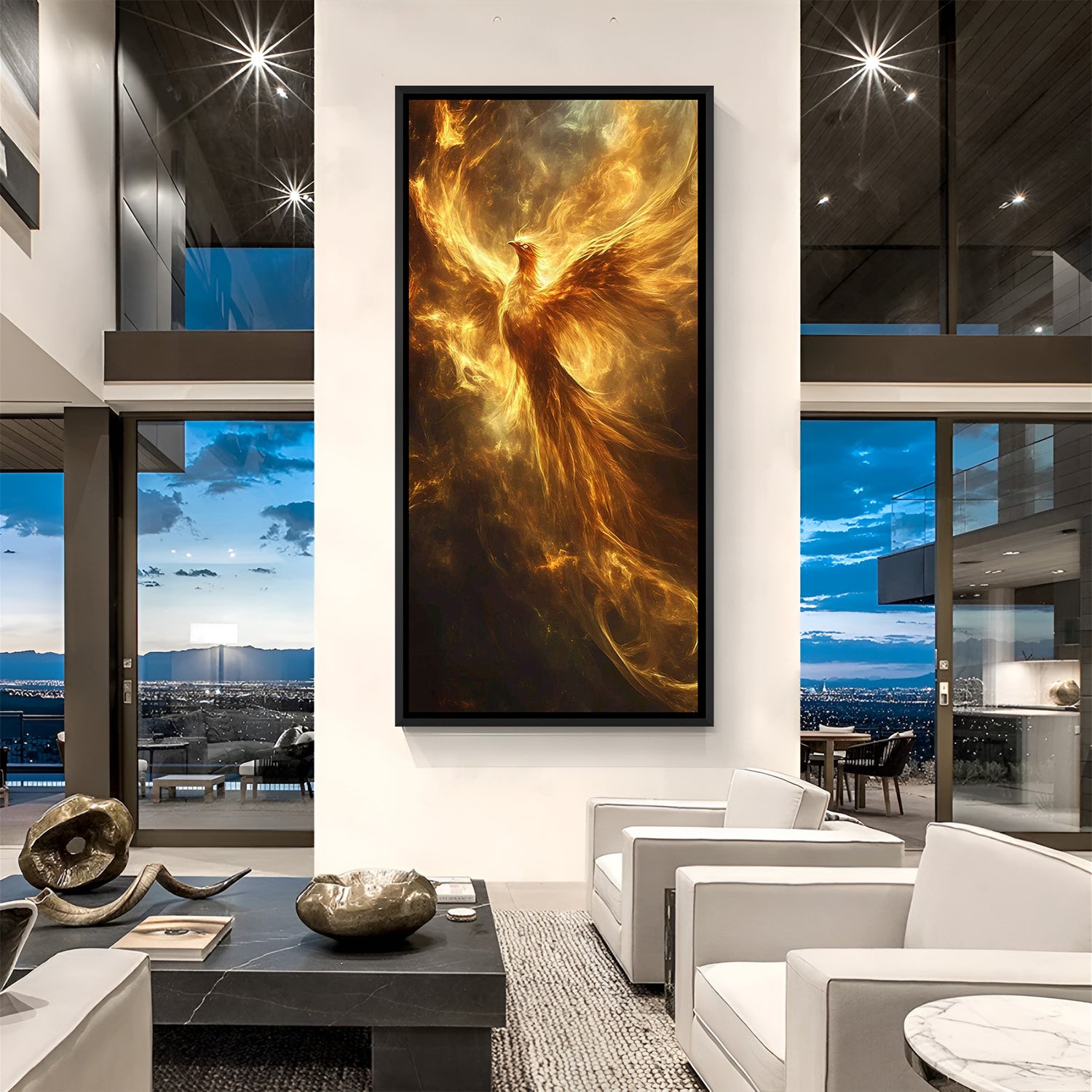 Golden phoenix wall art in sleek black floater frame, high-definition canvas print for modern homes, living rooms, offices and bold premium decor.