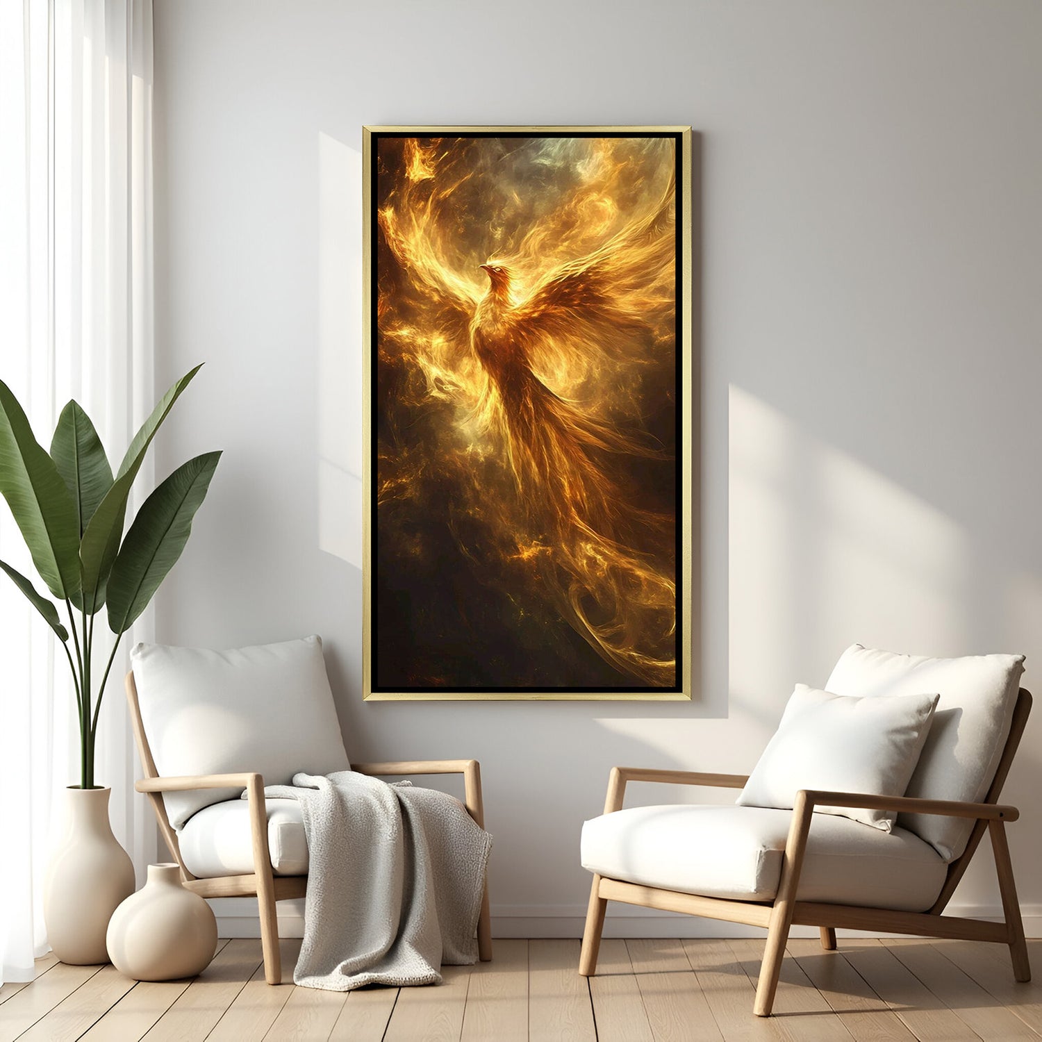 Luxury golden phoenix wall painting in golden floater frame, vibrant fire phoenix artwork for Vastu prosperity, statement home and office decor.
