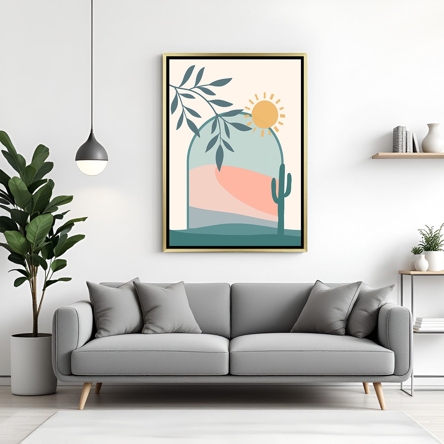 Golden frame canvas wall art with earthy desert curves, cactus plant, and sun in warm tones
