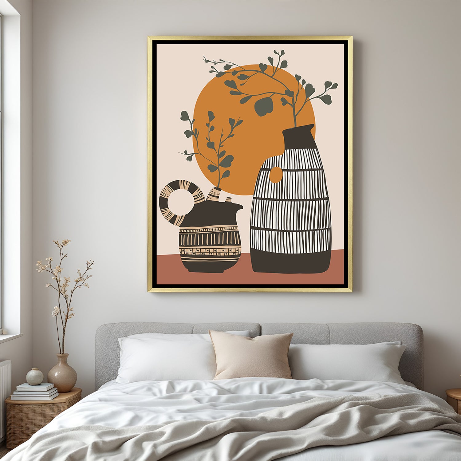 Golden frame canvas wall art featuring two ceramic-style flasks with slender plants in soft hues